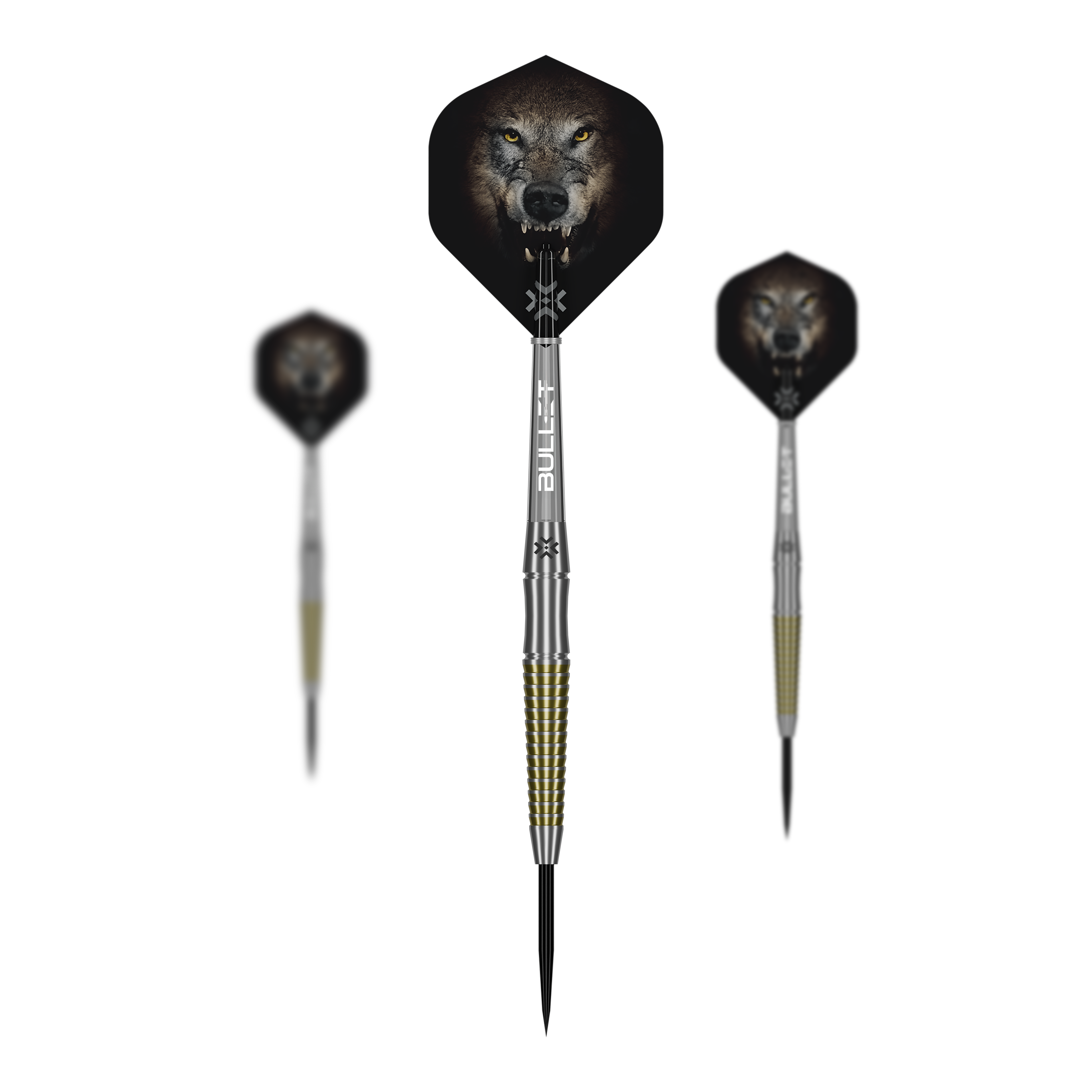 Bullet Fang stalen pijltjes Das Bild präsentiert ein Set der Bullet Fang Steeldarts. Mehrere Darts sind als Set zusammen abgebildet.