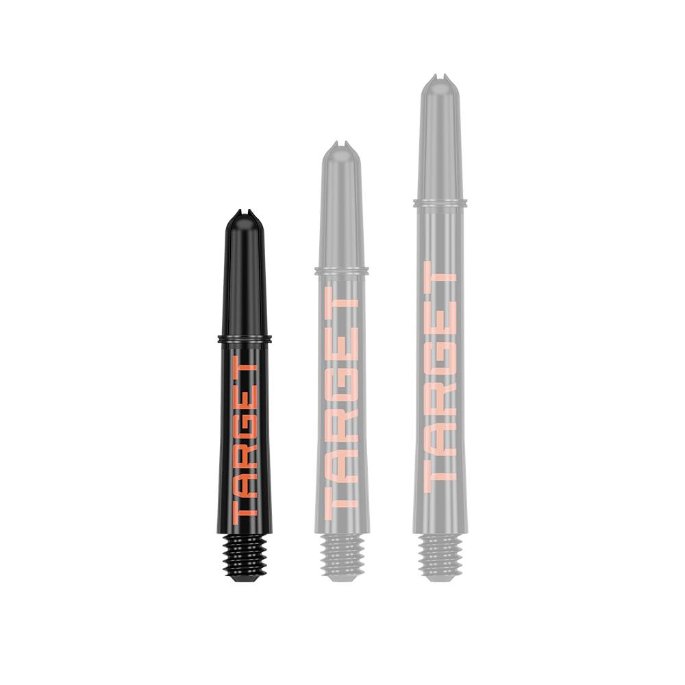 Target Pro Grip TAG Shafts - 3 sets - Zwart Oranje Auf dem Bild sind drei schwarze Dartschäfte in unterschiedlichen Längen zu sehen. Auf jedem Schaft steht in orangefarbener Schrift das Wort "TARGET".