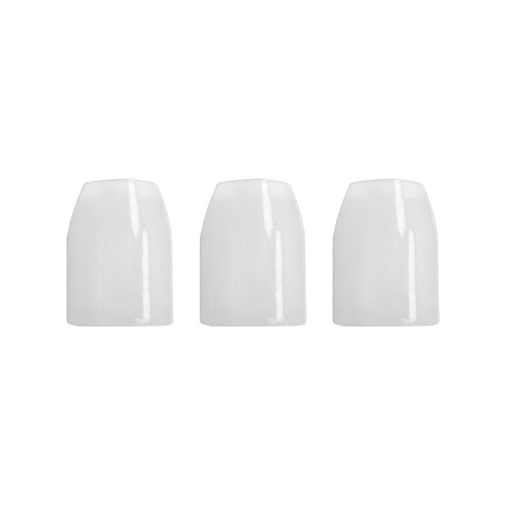 LSF11_L-Style_Champagne-Ringe_Weiss_2 Das Bild zeigt drei transparente L-Style Champagne Ringe, die nebeneinander angeordnet sind. Sie sind Zubehörteile für Dartflights und sorgen für einen sicheren Halt auf dem Schaft.