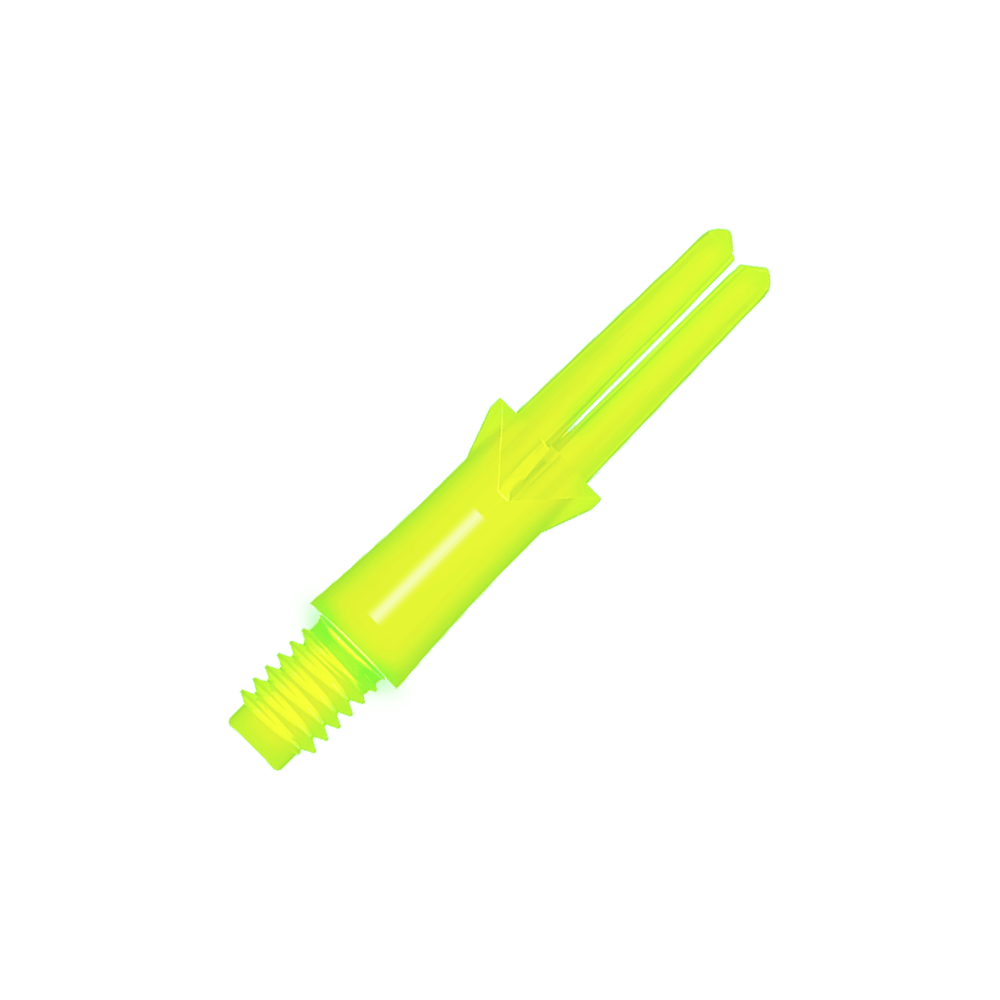 L-L-Style-Shafts Locked Straight - Neongeel Das Bild zeigt einen neongelben geraden Flightschaft für Dartpfeile. Der Schaft hat ein Schraubgewinde an einem Ende und eine offene Gabel am anderen Ende.