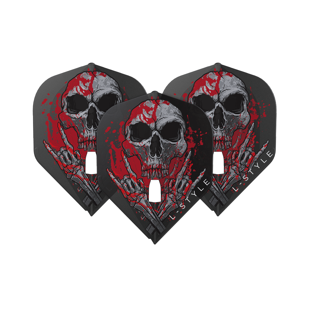 L-stijl Ryan Searle V3 L1PRO helder zwarte vluchten Die Abbildung zeigt drei schwarze Dart-Flights mit einem auffälligen Totenkopf-Design, das von roten Farbspritzern umgeben ist. Am unteren Rand steht der Schriftzug „L-STYLE“.