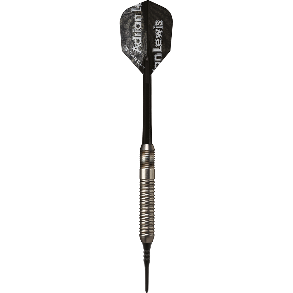 100540_Target_Adrian_Lewis_Silver_Jackpot_Softdarts_1Q9E888c5Maz3y Dies ist ein Softdart mit silbernem Griff und schwarzem Schaft. Auf der schwarzen Flightschaufel steht "Adrian Lewis" geschrieben.