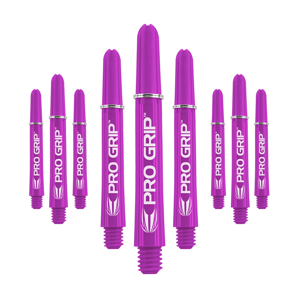 Das Bild zeigt neun lilafarbene Dartshafts mit der Aufschrift "PRO GRIP". Sie sind in drei Reihen angeordnet und stehen aufrecht nebeneinander.