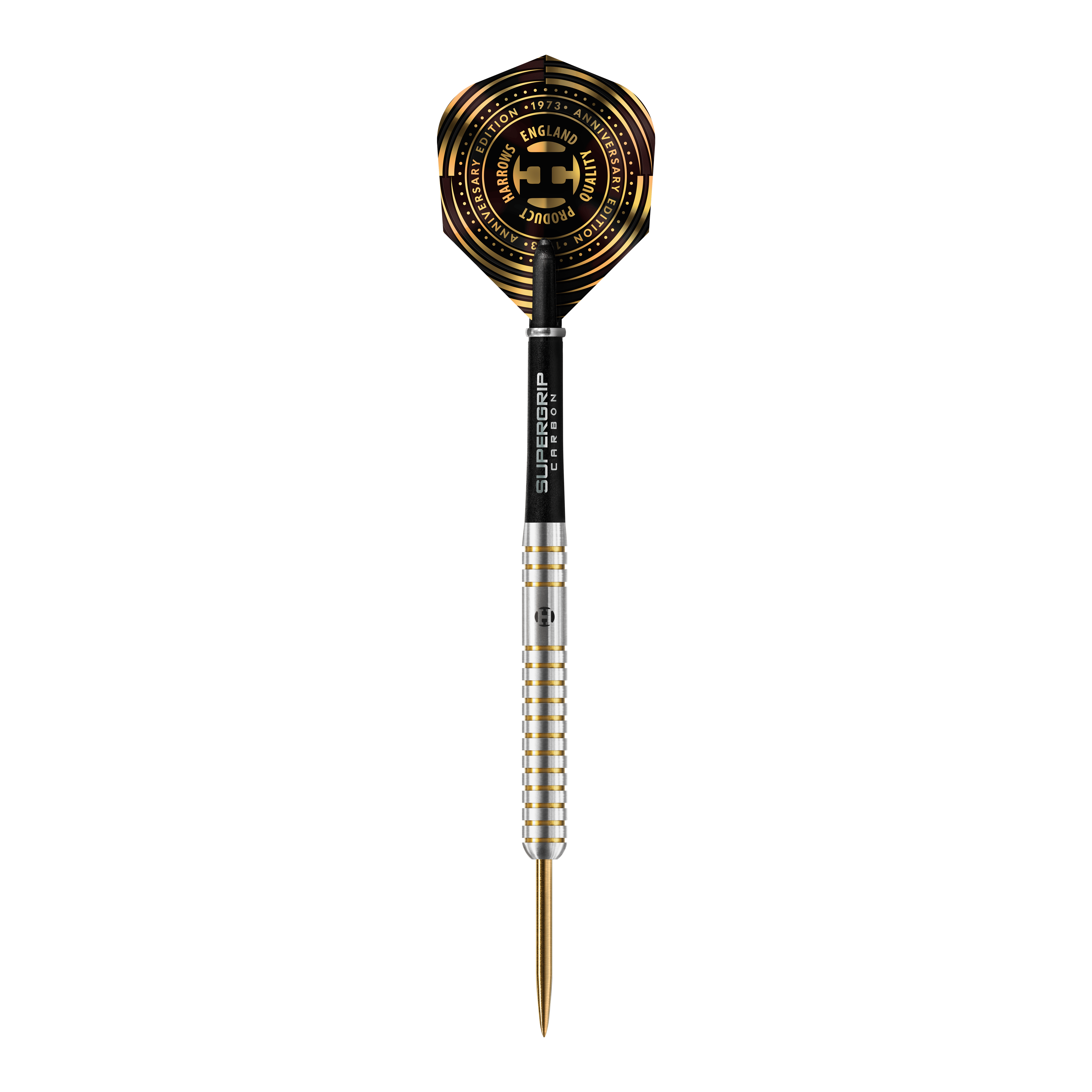 Harrows jubileumeditie De originele Steeldarts Das Bild zeigt einen Harrows Anniversary Edition The Original Steeldart mit silbernem Schaft und goldenen Akzenten. Das Dartflight ist schwarz-gold gestaltet und trägt einen Jubiläumsaufdruck.