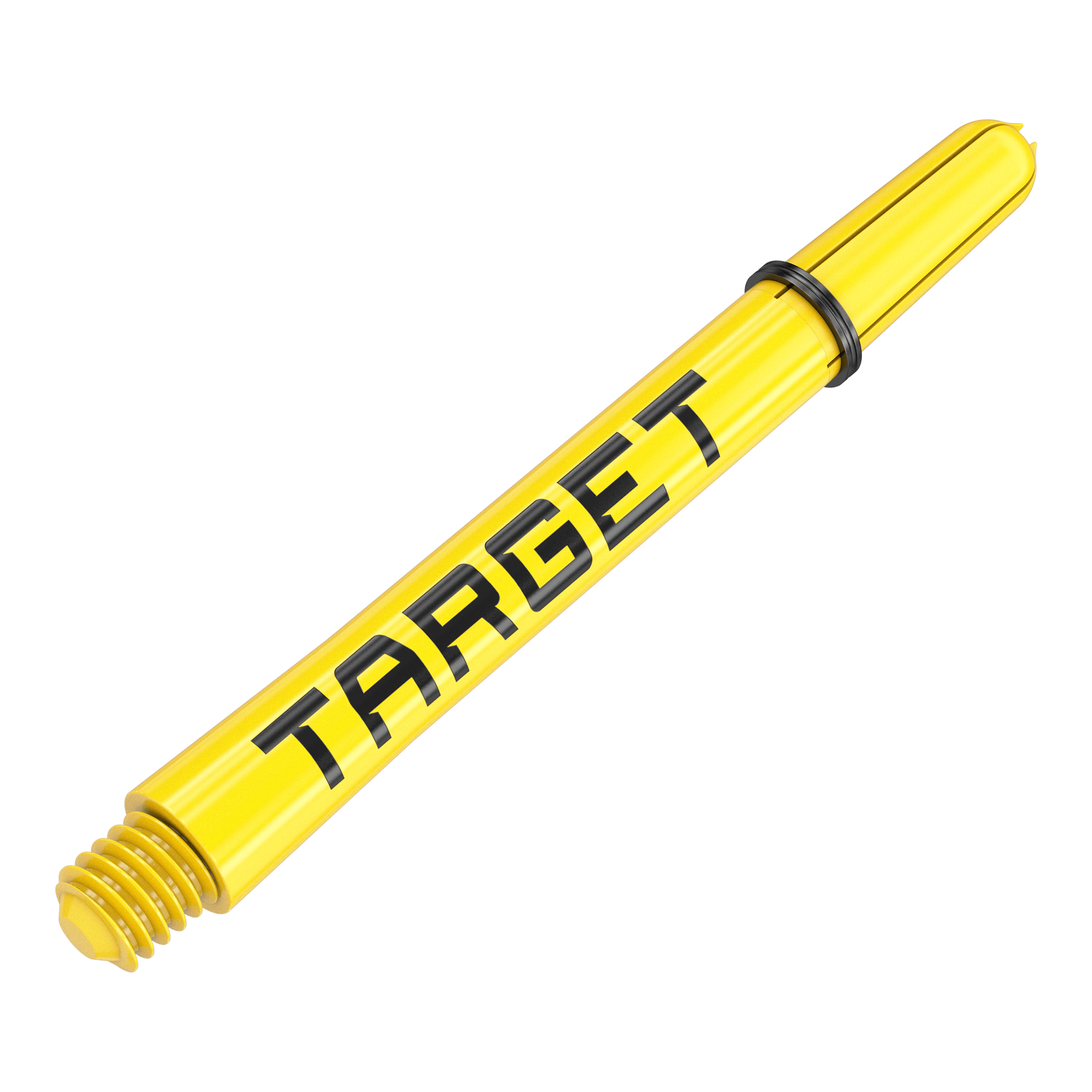 Target Pro Grip TAG Shafts - 3 sets - Geel Das Bild zeigt einen gelben Dart-Schaft mit der Aufschrift "TARGET". Er hat ein Gewinde an einem Ende und einen schwarzen Ring in der Mitte.