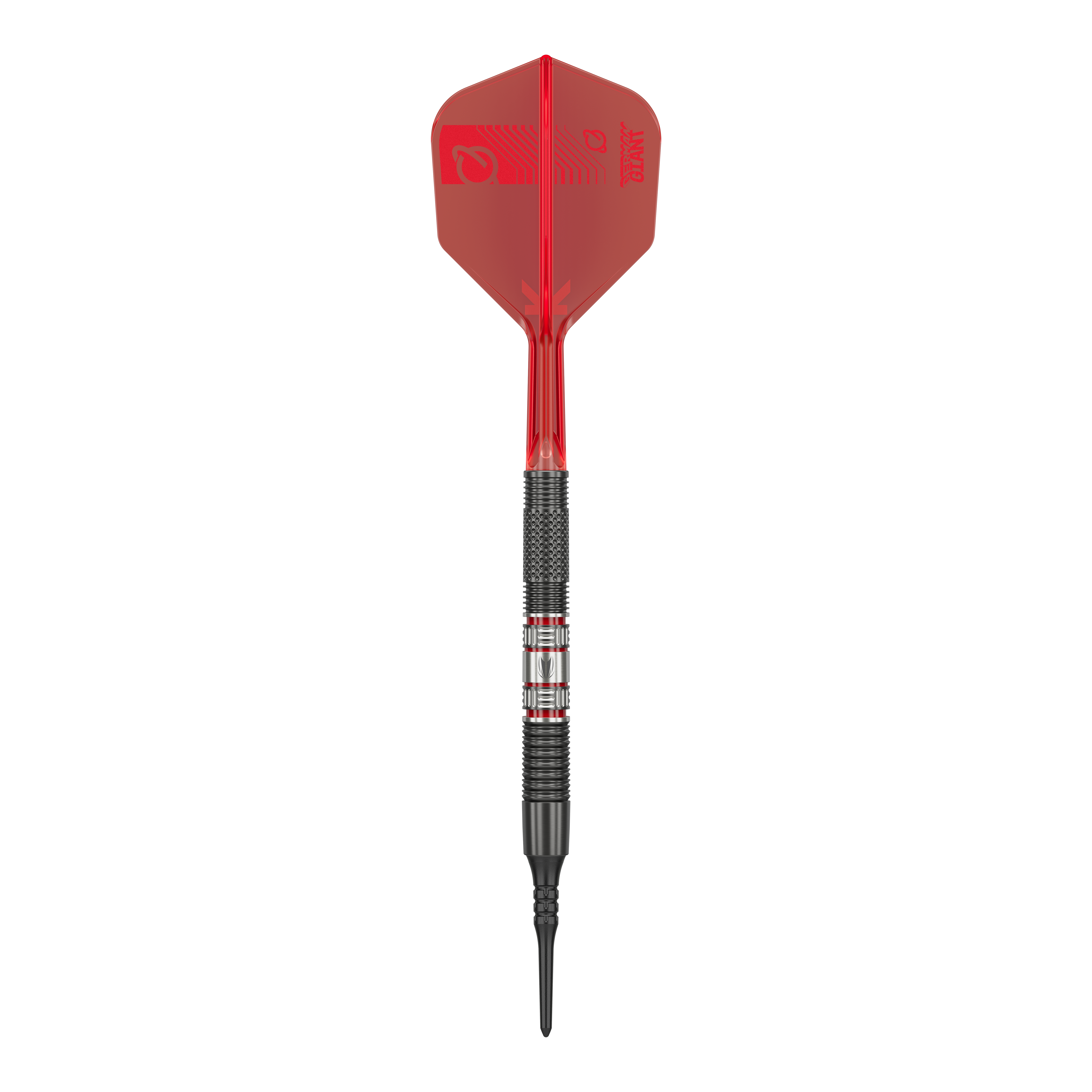 Target Gabriel Clemens 95K zachte darts - 19g Das Bild zeigt einen Softdartpfeil des Modells „Target Gabriel Clemens 95K Softdarts - 19g“. Der Pfeil hat eine rote Flight, einen schwarzen Griffbereich und eine schwarze Spitze.