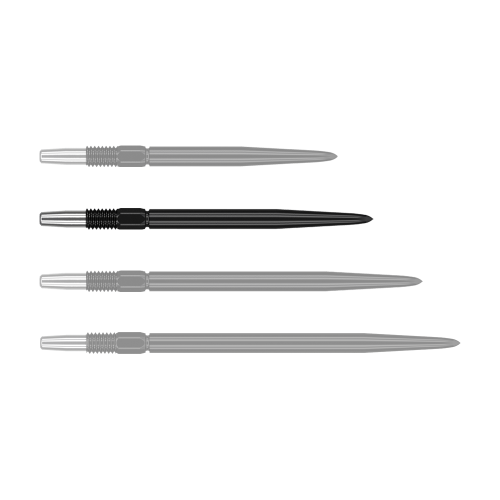 Target Swiss Point Black dartpunten Das Bild zeigt vier schwarze Dartspitzen, die nebeneinander liegen. Sie haben einen silbernen metallischen Ansatz und sind unterschiedlich lang.