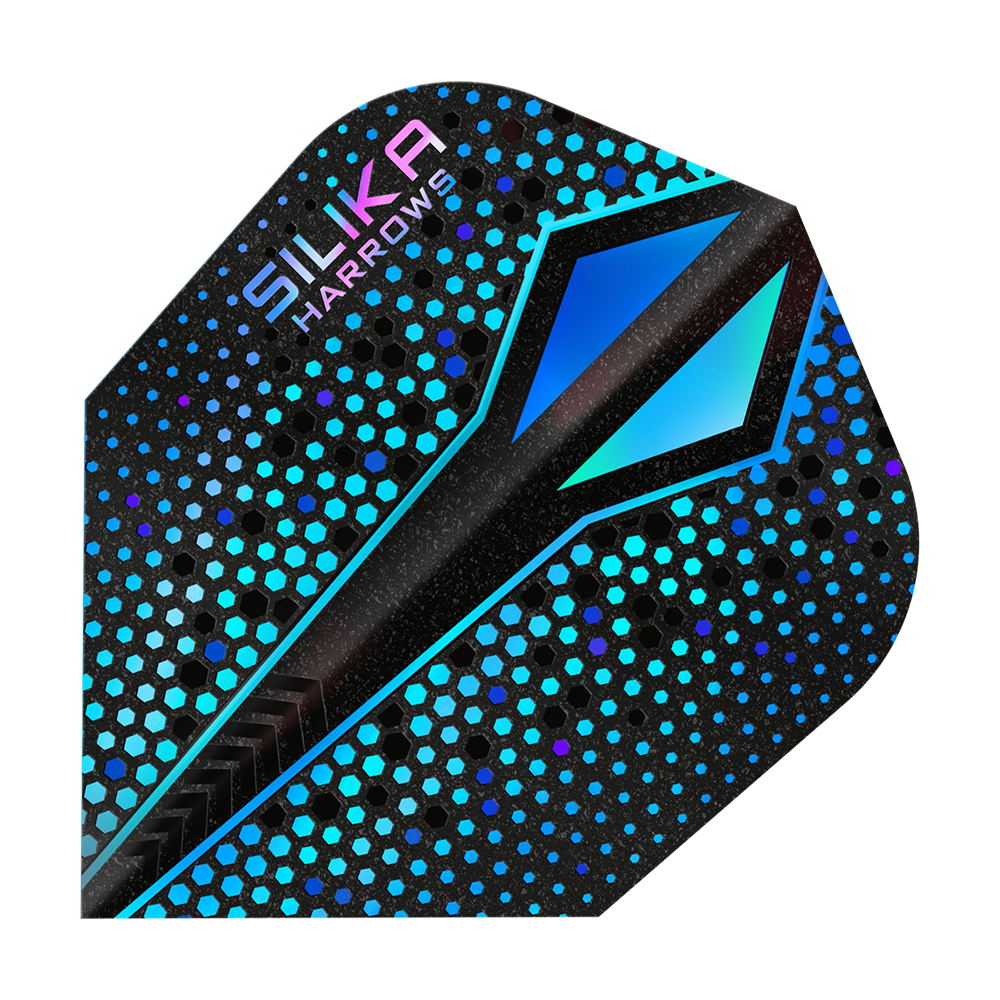 Harrows Silika Colorshift sterke kristallijne coating Blue-X No6 Flights Das Bild zeigt ein Dart-Flight mit dem Namen "Harrows Silika Colourshift Tough Crystalline Coating Blue-X No6". Das Flight hat ein modernes Design mit blauen und schwarzen hexagonalen Mustern und einer glänzenden Oberfläche.
