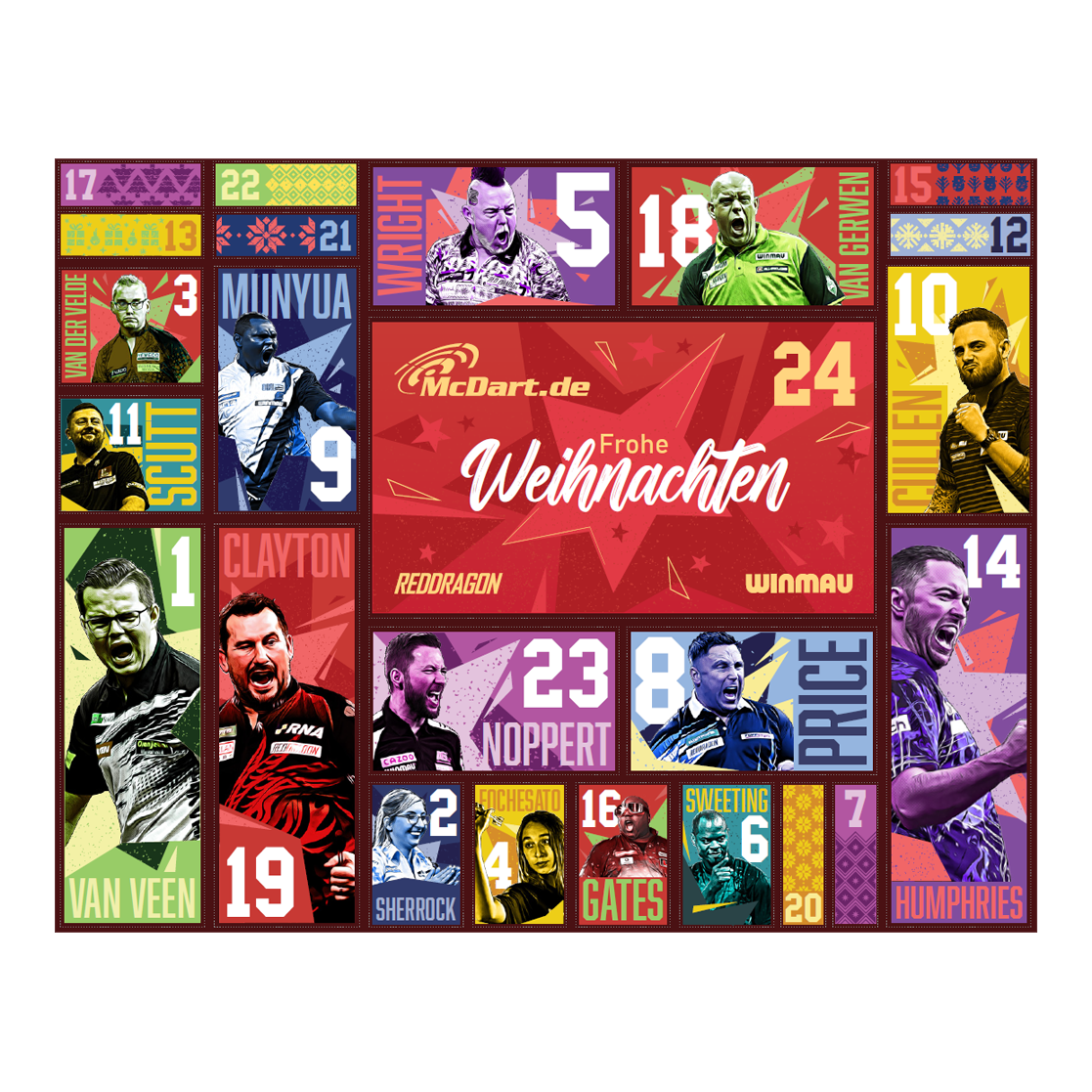 McDart stalen dartpijlen adventskalender 2026 Der McDart Steel-Darts Adventskalender 2026 ist auf diesem Bild zu sehen. Die Verpackung zeigt attraktive Darts-Motive und weihnachtliches Design.
