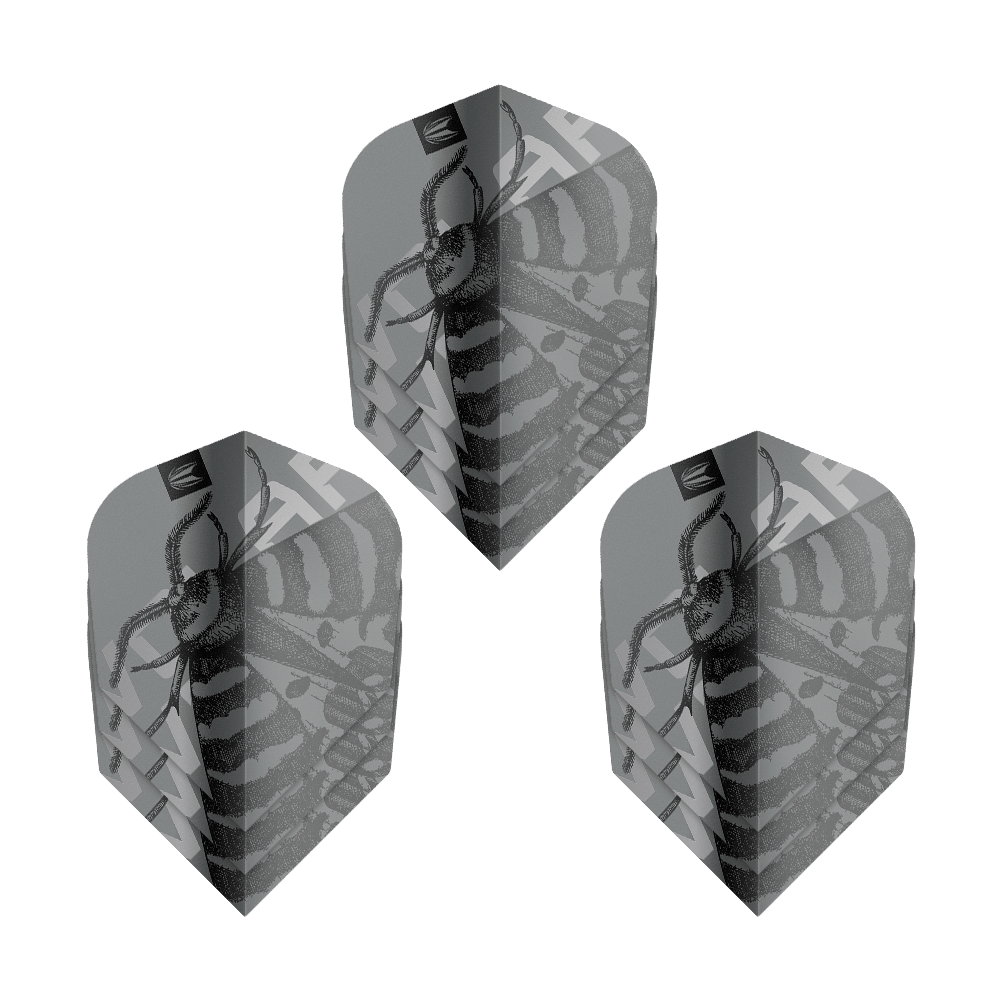 Target Pro Ultra Volar No6-vluchten - 3 sets Das Bild zeigt drei Sets von Target Pro Ultra Volar No6 Flights. Die Flights sind grau mit einem schwarzen Insektenmuster gestaltet.