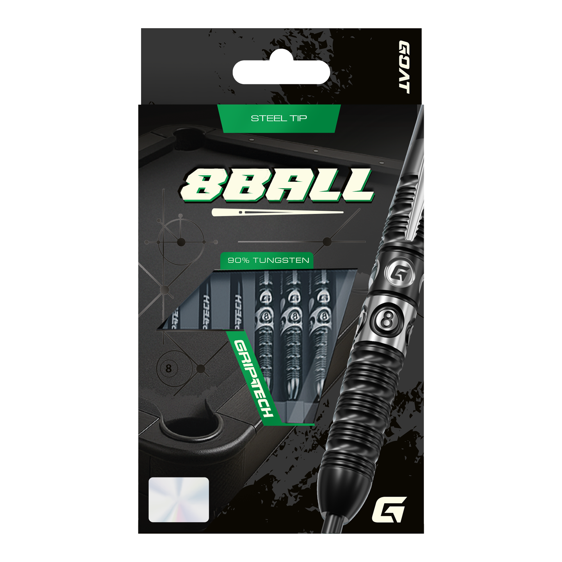 GOAT 8-Ball stalen dartpijlen Das Bild stellt die GOAT 8Ball Steeldarts dar. Details des Dartpfeils sind klar erkennbar.