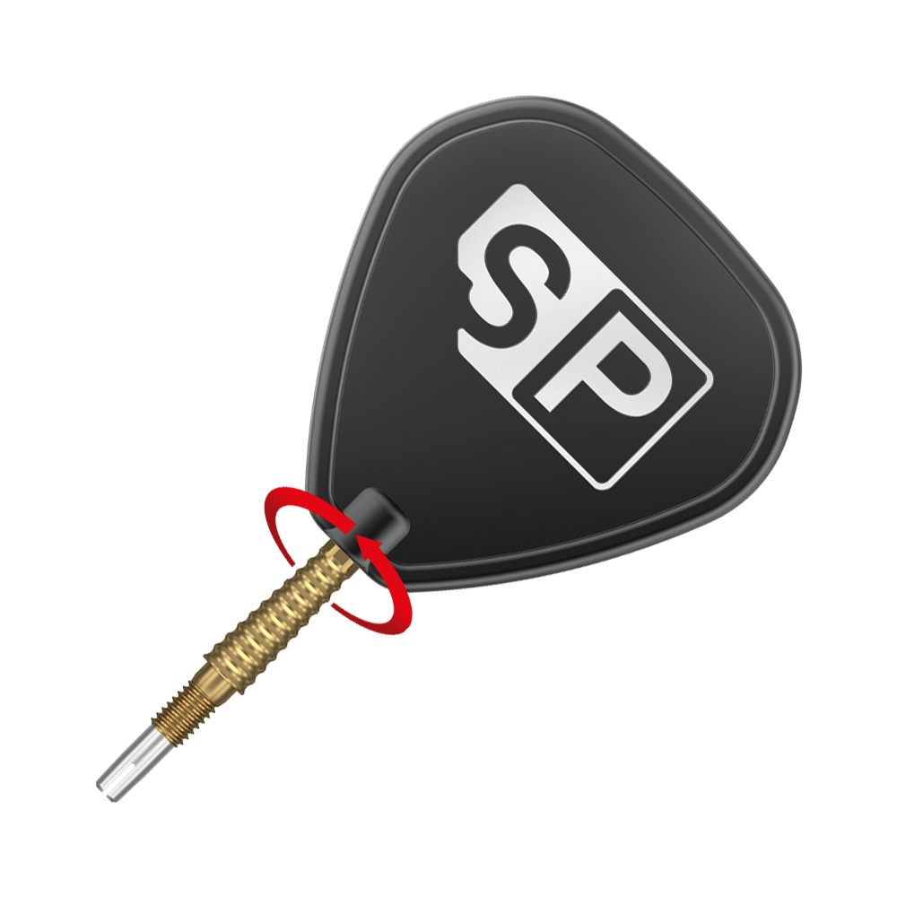 Target Swiss Storm LNC darttips - goud Auf dem Bild ist eine Dartspitze mit einem goldenen Schaft zu sehen. Am schwarzen Flight steht groß „SP“ in weißen Buchstaben.