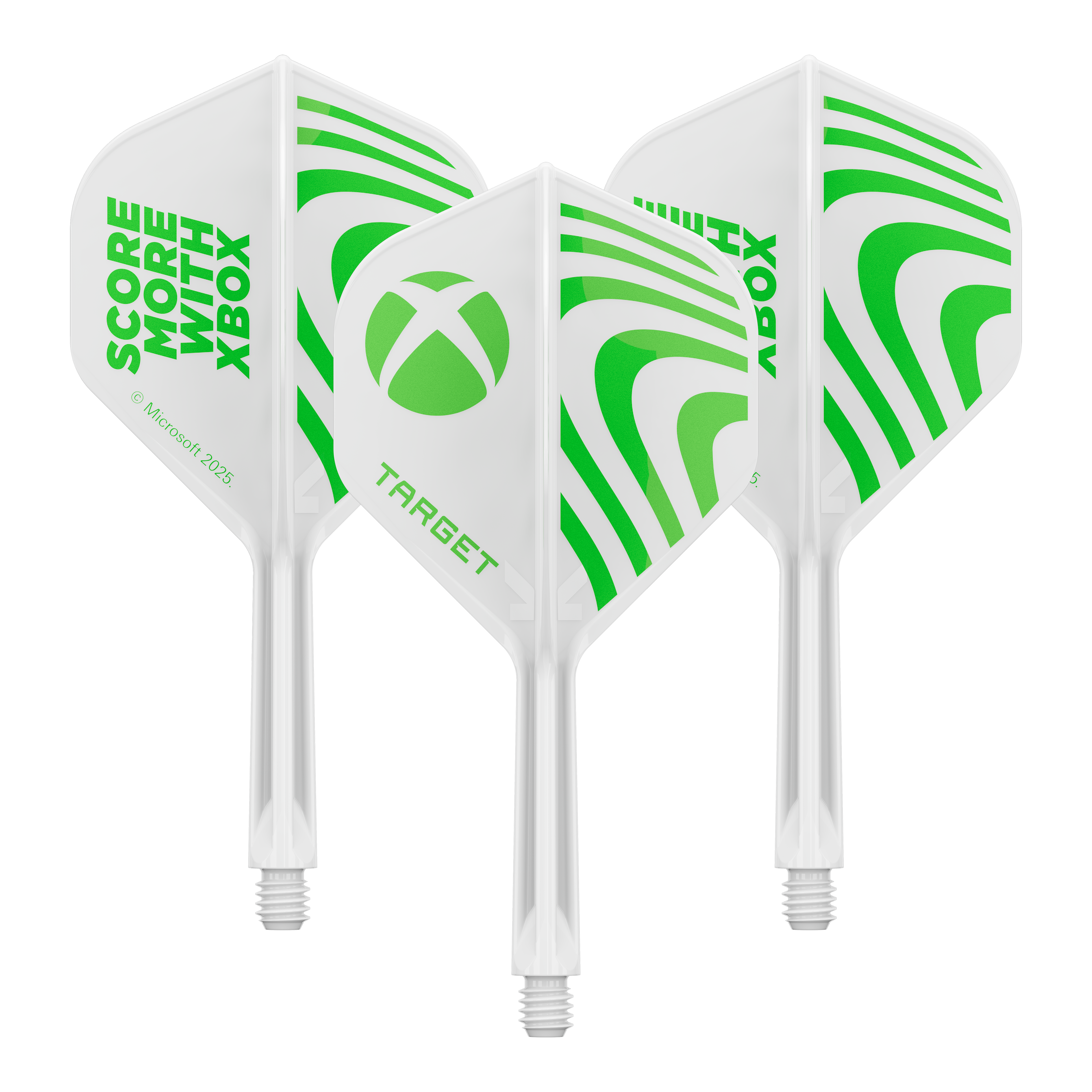 Target Xbox K-Flex No2 standaard flight controllers - wit Ein Produktbild mit dem Dateinamen 410611_Target_Xbox_KFlex_No2_Standard_Flights_26mm_1Set. Es handelt sich wahrscheinlich um ein Set vom Dartzubehör.