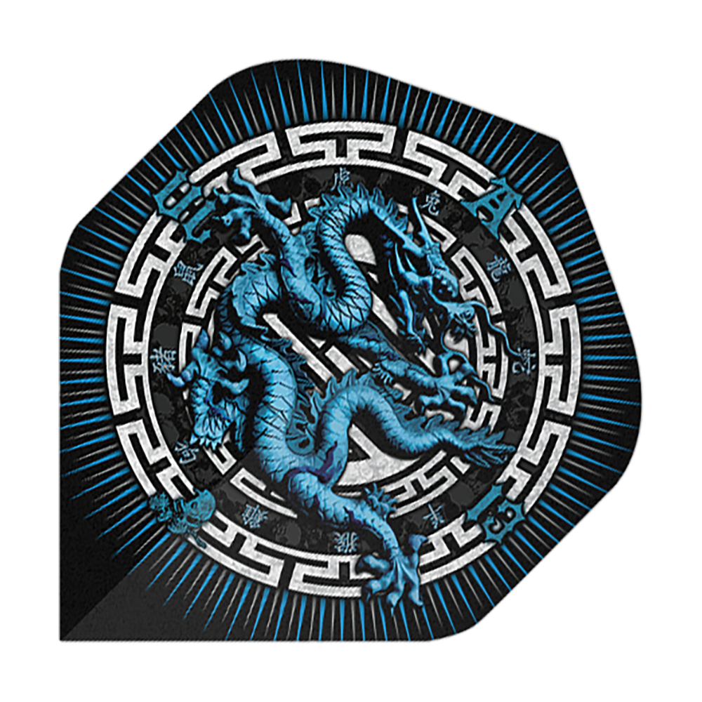 Alchemie Jaar van de Draak Nr. 2 Standaardvluchten Das Bild zeigt das Produkt "Alchemy Year Of The Dragon No2 Standard Flights". Auf dem Flight ist ein blauer Drache in einem dekorativen, kreisförmigen Muster abgebildet.