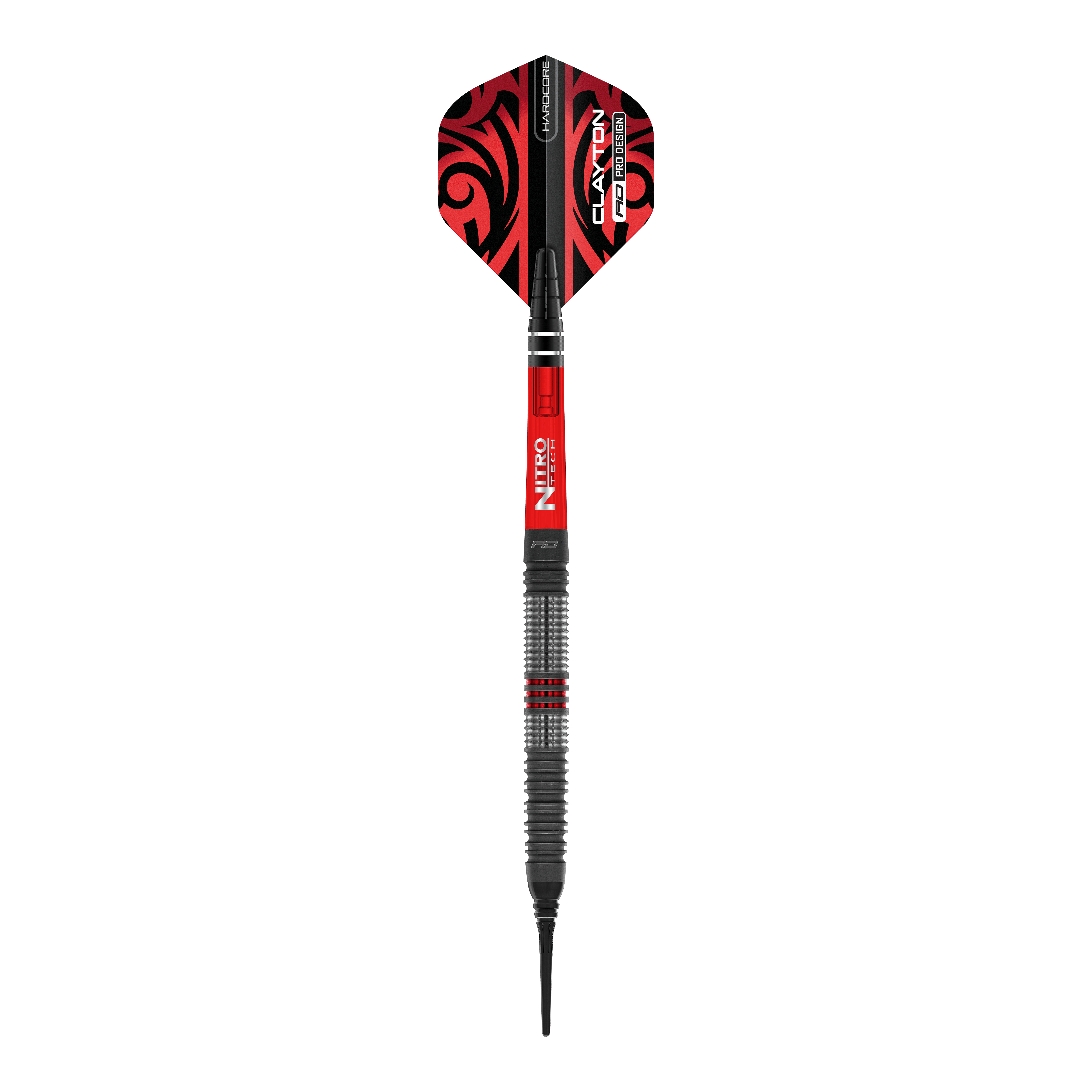 Red Dragon Jonny Clayton Hiraeth Zachte Darten - 20g Das Bild zeigt einen Softdart der Marke Red Dragon, Modell "Jonny Clayton Hiraeth" mit einem Gewicht von 20 Gramm. Der Dart ist überwiegend in den Farben Rot und Schwarz gestaltet und hat ein auffälliges Muster auf dem Flight.