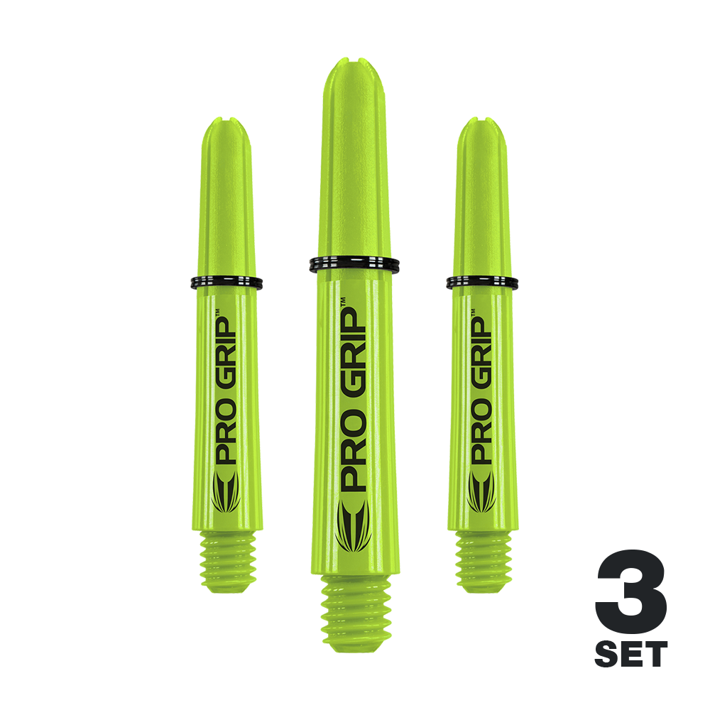 Target Pro Grip Shafts - 3 sets - Limoengroen Das Bild zeigt drei limegrüne Pro Grip Shafts für Dartpfeile. Unten rechts steht "3 Set", was anzeigt, dass es sich um ein Set mit drei Stück handelt.