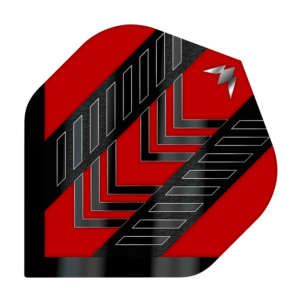 Mission Solo Rogue No2 Standaardvluchten Das Bild zeigt das Produkt "Mission Solo Rogue No2 Standard Flights". Das Flight ist rot mit schwarzen und silbernen Mustern und einem kleinen silbernen Symbol in der Ecke.