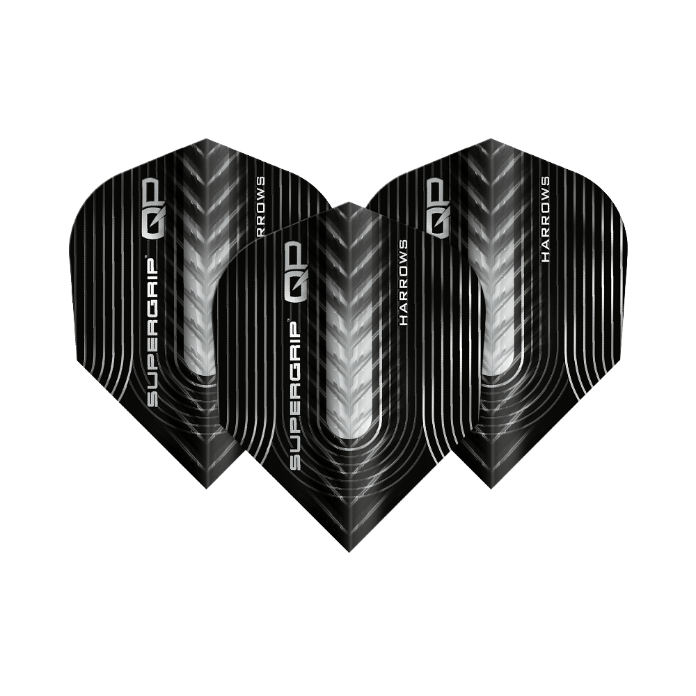 Harrow's Supergrip QP No6-vluchten Harrows Supergrip QP No6 Flights sind Dartflights mit besonderem Design. Dieses Bild zeigt ein Set dieser Flights.
