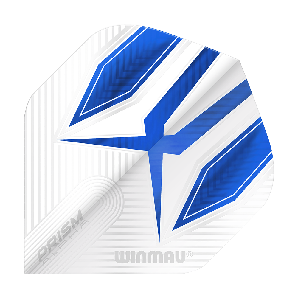 6915-112_Winmau_Prism_Alpha_6915-112_Standard_Flights_1 Das Bild zeigt ein Winmau Prism Alpha 6915.112 Standard Flight. Das Flight ist überwiegend weiß mit blauen und silbernen Designelementen.
