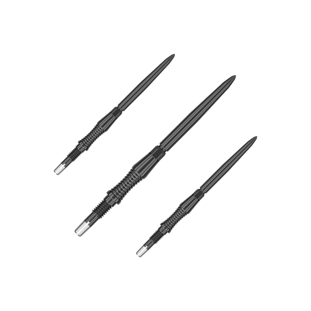 Target Swiss Point Dartpunten Signature RST - Zwart Das Bild stellt ein Set von schwarzen Dartspitzen Signature RST, 35mm, von Target Swiss Point dar. Die Spitzen sind nebeneinander angeordnet.