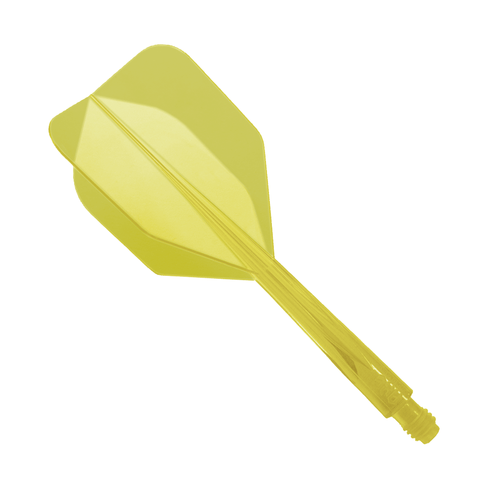 Das Bild zeigt ein gelbes Dart-Flight-System namens "Condor Axe Yellow Flight-System Small - XL - 37,5 mm". Es besteht aus einem Stück und ist für Darts geeignet.