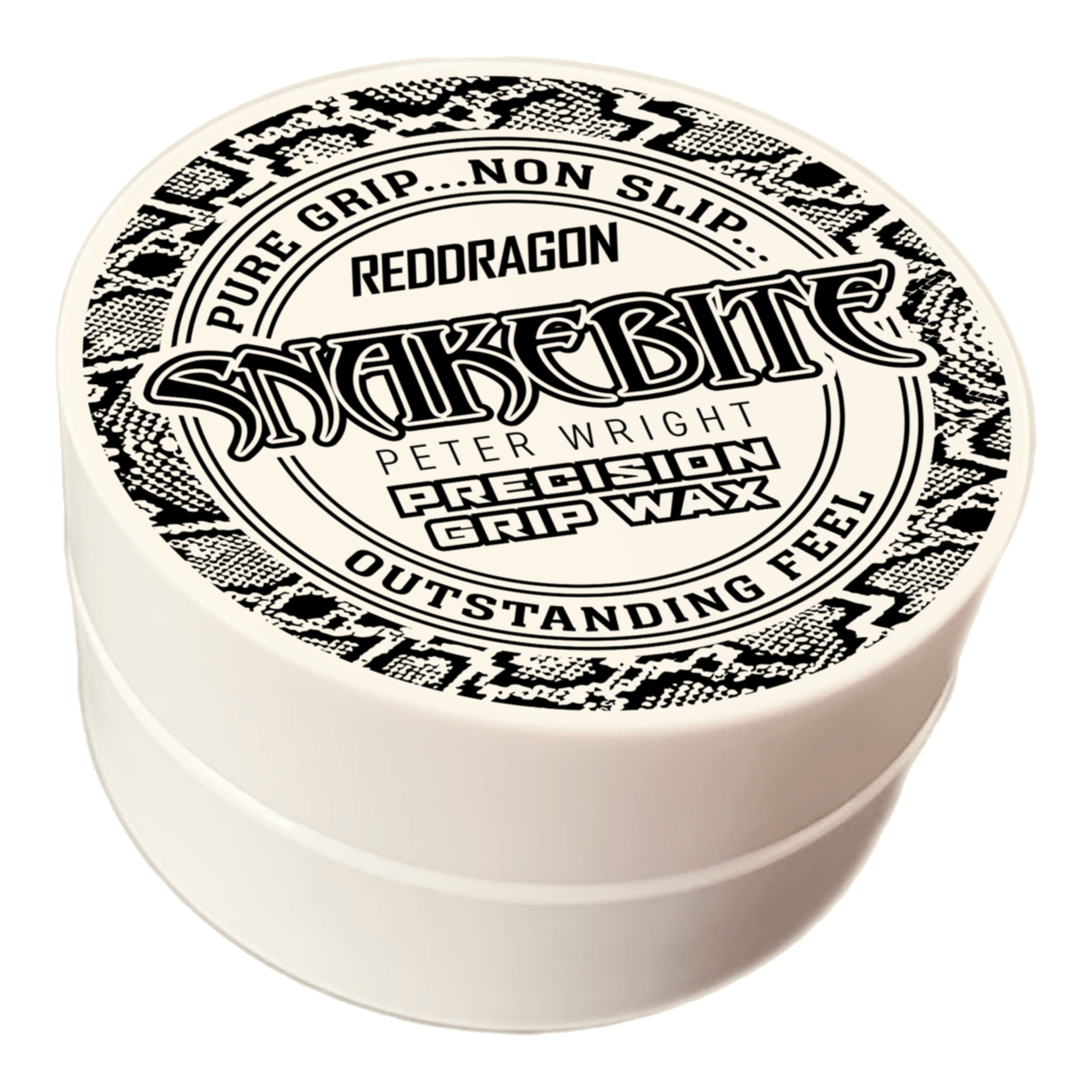 Red Dragon Peter Wright Snakebite Precision Grip Wax vinger wax Das Bild zeigt eine runde Dose mit der Aufschrift "Red Dragon Peter Wright Snakebite Precision Grip Wax". Die Verpackung ist weiß mit einem schwarz-weißen Schlangenmuster und betont den festen, griffsicheren Halt.