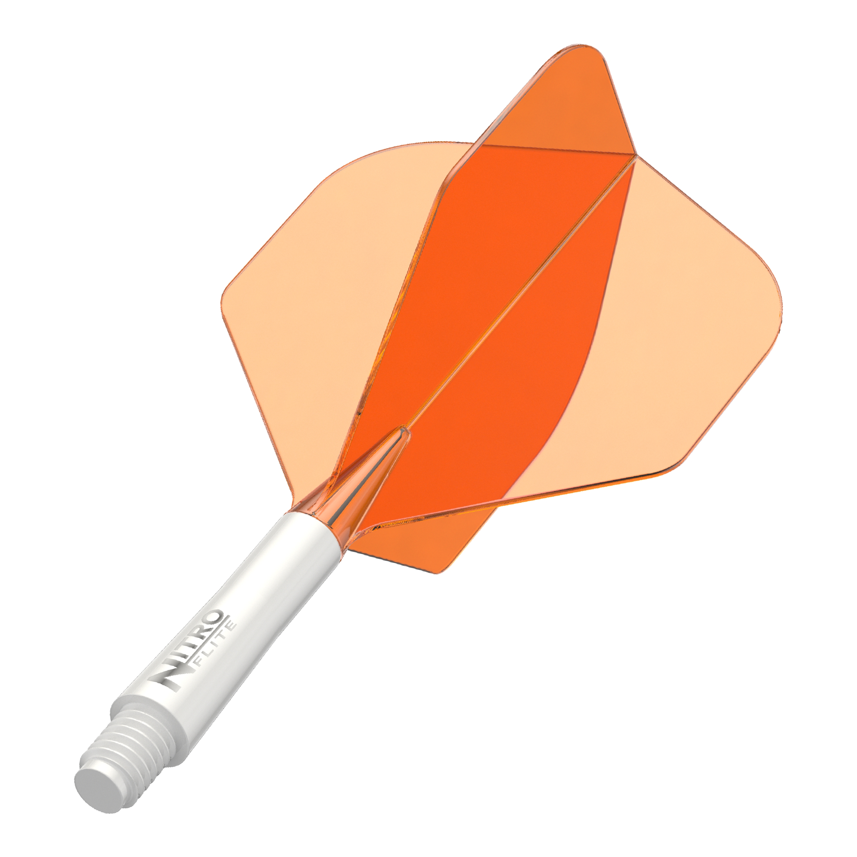 Red Dragon Nitroflite witte schacht oranje flights nr. 2 Abgebildet ist ein Dart-Schäfte-Set mit weißem Schaft und orangen Flights. Das Produkt scheint ein Red Dragon Nitroflite Modell in kurzer Ausführung zu sein.