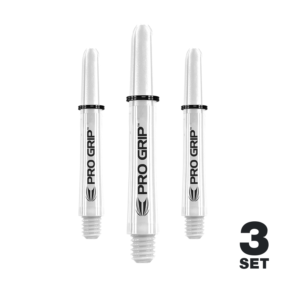 Target Pro Grip Shafts - 3 sets - Wit Das Bild zeigt drei weiße Pro Grip Shafts für Dartpfeile. Unten rechts steht "3 Set" geschrieben.