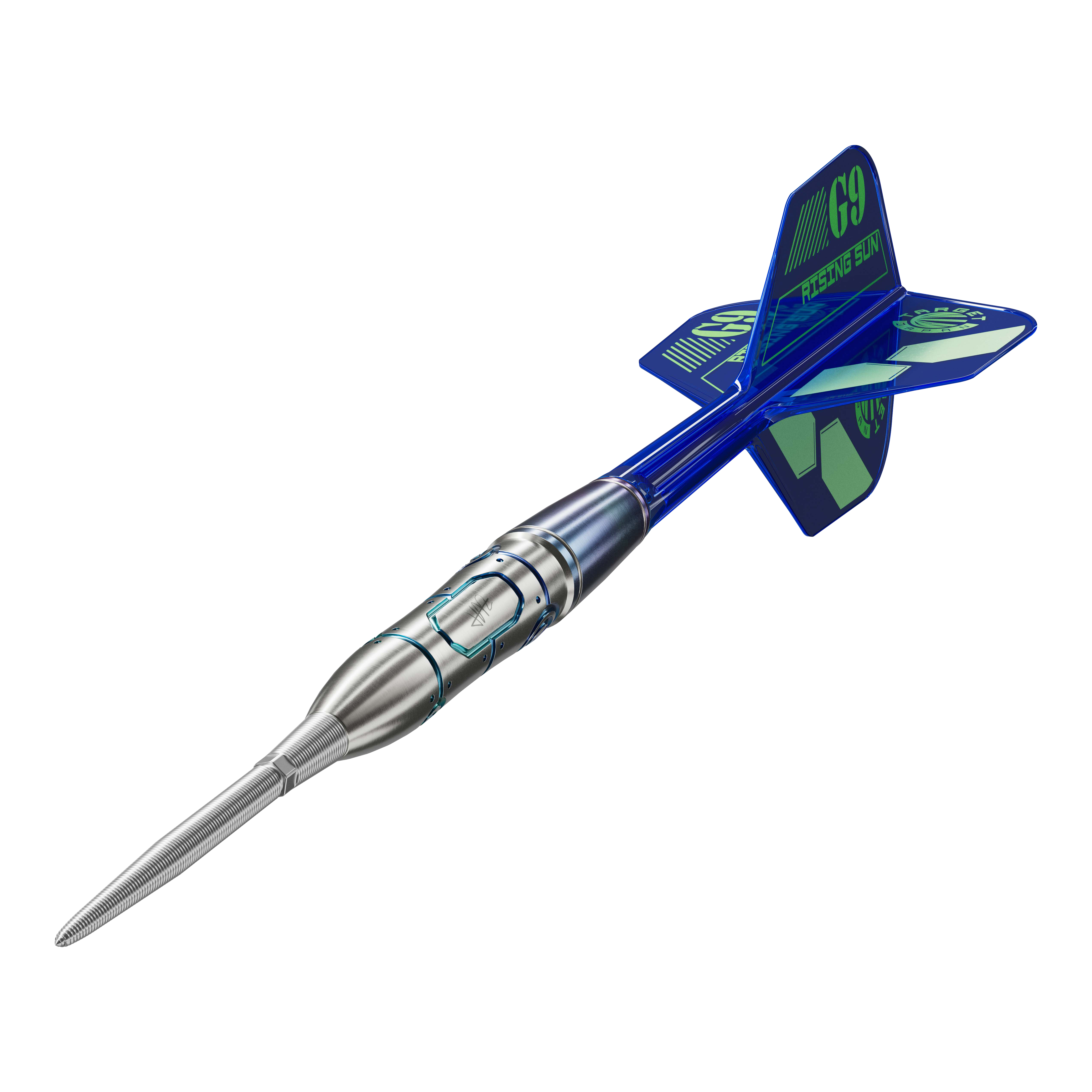 Target Japan Haruki Muramatsu GEN9 No Groove Swiss Point Steeldarts - 23g Das Bild zeigt einen Target Japan Haruki Muramatsu GEN9 No Groove Swiss Point Steeldart mit einem Gewicht von 23g. Der Dartpfeil hat ein silbernes Barrel und blaue Flügel mit grünen Akzenten.
