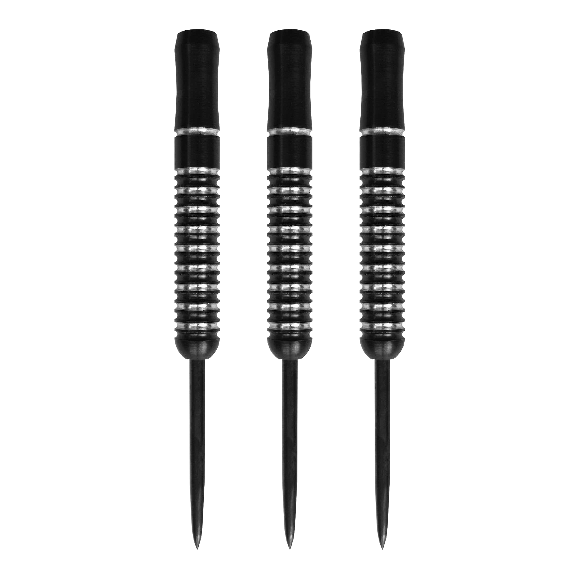 Auf dem Bild sind drei McDart Void Steeldart Barrels mit einem Gewicht von 23g zu sehen. Die Darts sind schwarz mit silbernen Rillen und haben eine schlichte, moderne Optik.
