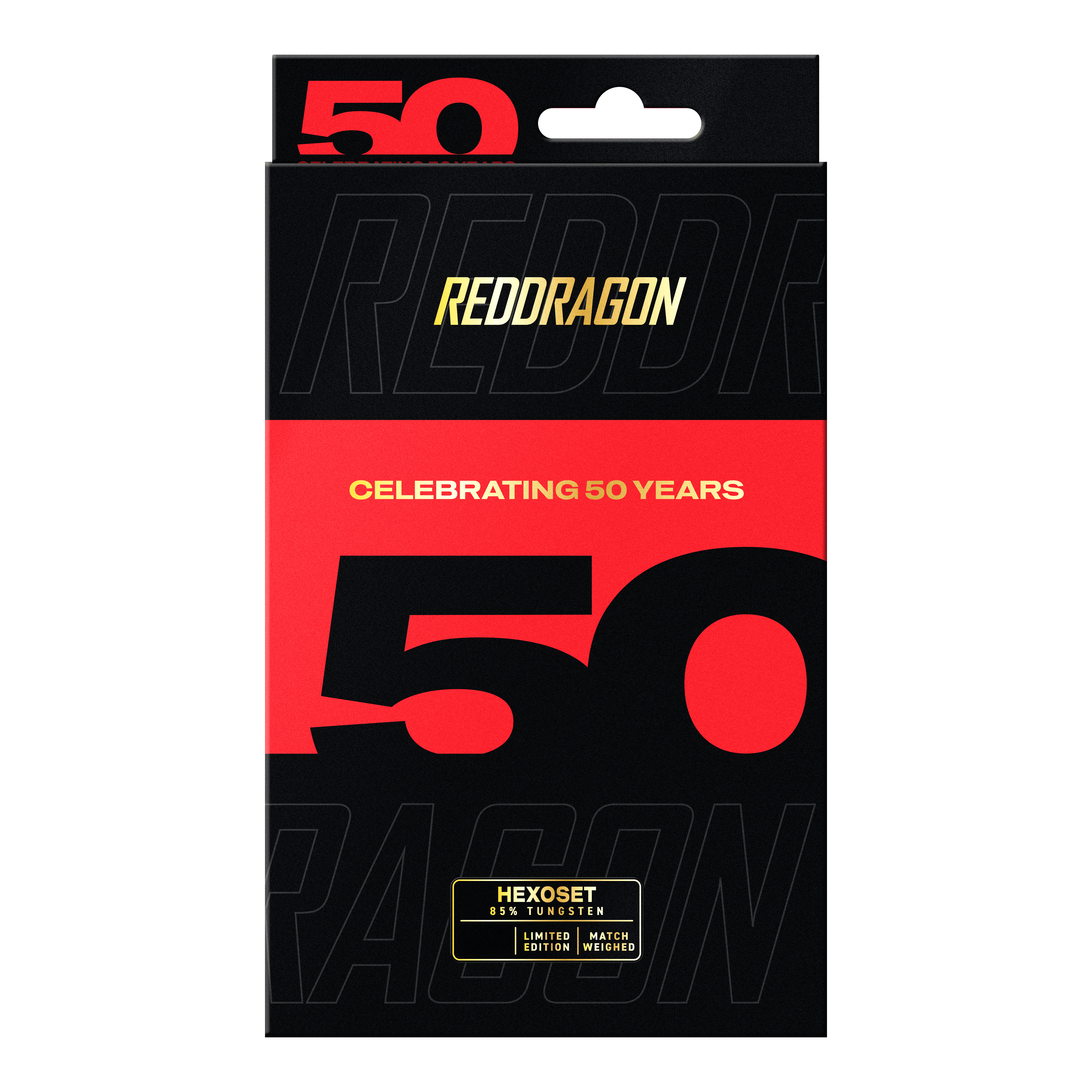 Das Bild zeigt die Red Dragon 50 Year Collection Hexoset 3 Steeldarts - 25g. Diese Darts sind eine limitierte Edition zum 50-jährigen Jubiläum.