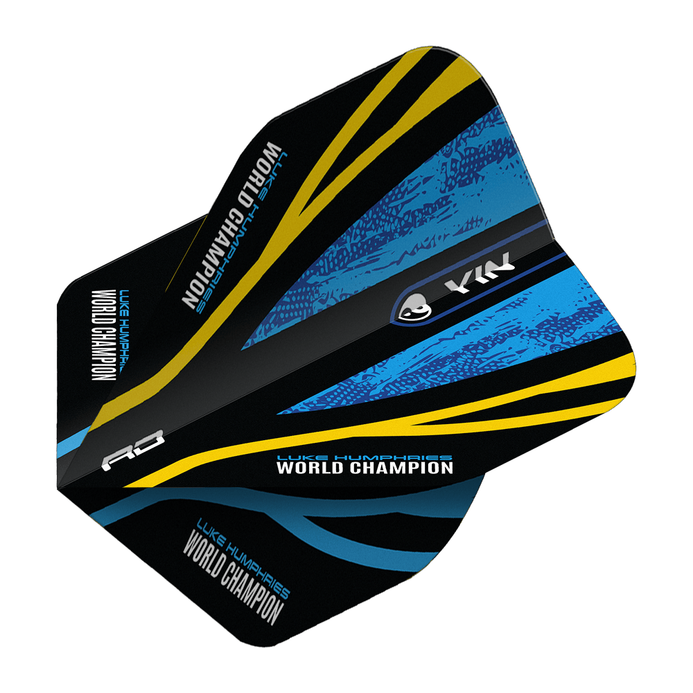 Rode Draak Luke Humphries Wereldkampioen Blauw Goud Yin Yang Standaardvluchten Das Bild zeigt das Produkt "Red Dragon Luke Humphries World Champion Blue Gold Yin Yang Standard Flights". Das Design ist schwarz mit blauen und goldenen Akzenten sowie der Aufschrift "WORLD CHAMPION".
