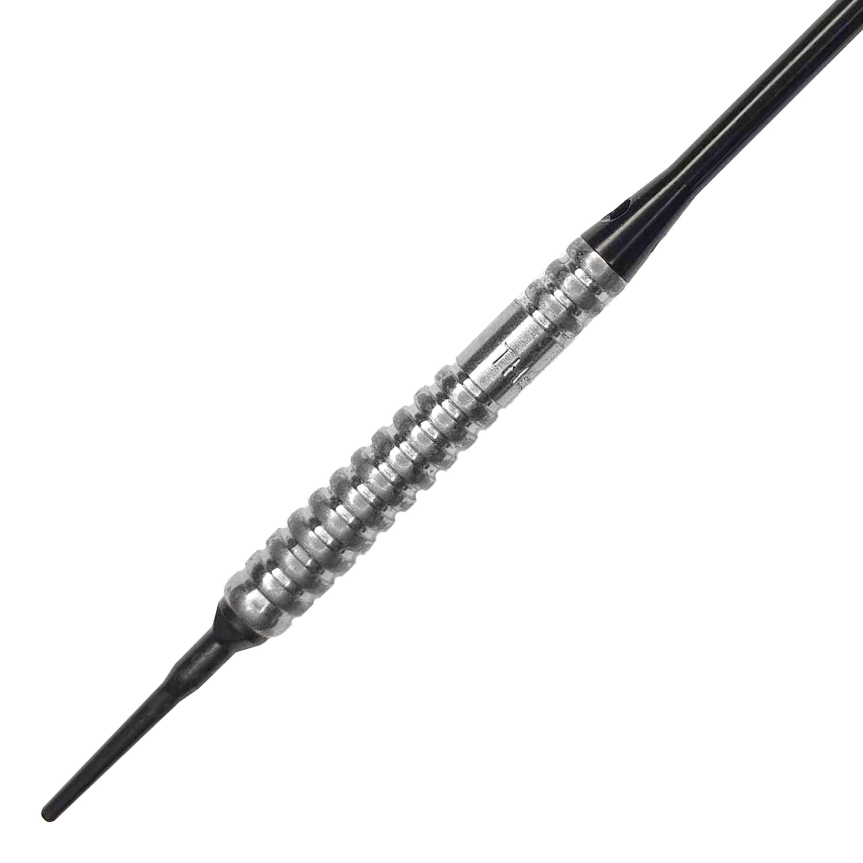 McDart 85 Tungsten V20 Zachte Darts - 17g Auf dem Bild ist ein McDart 85er Tungsten V20 Softdart mit einem Gewicht von 17g zu sehen. Der Dartpfeil hat eine silberne, geriffelte Griffzone und eine schwarze Spitze.