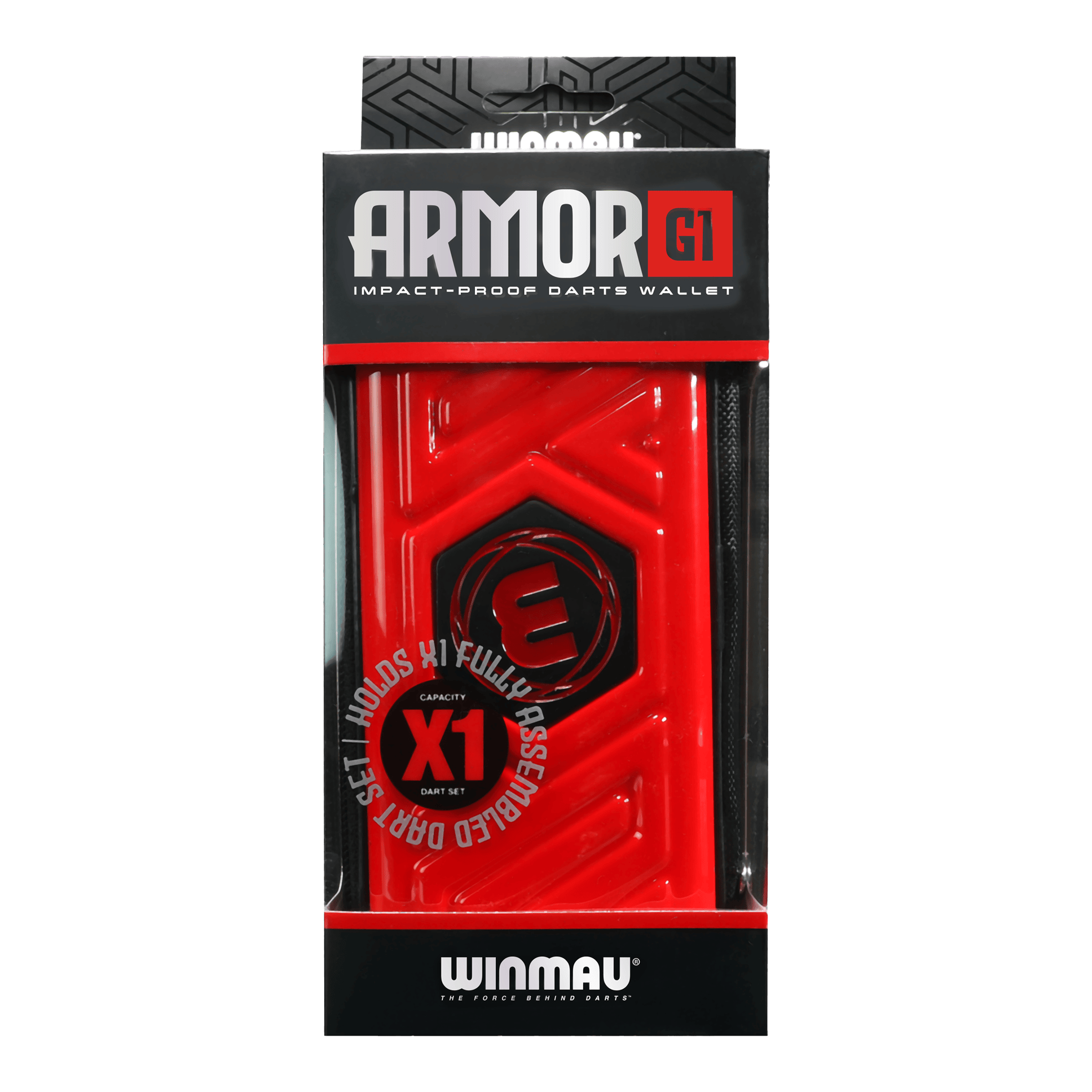 Winmau Armor G1 Dart-portemonnee Das Bild zeigt eine rote Winmau Armor G1 Darttasche in ihrer Verpackung. Auf der Verpackung steht, dass sie ein vollständig montiertes Dart-Set aufnehmen kann.