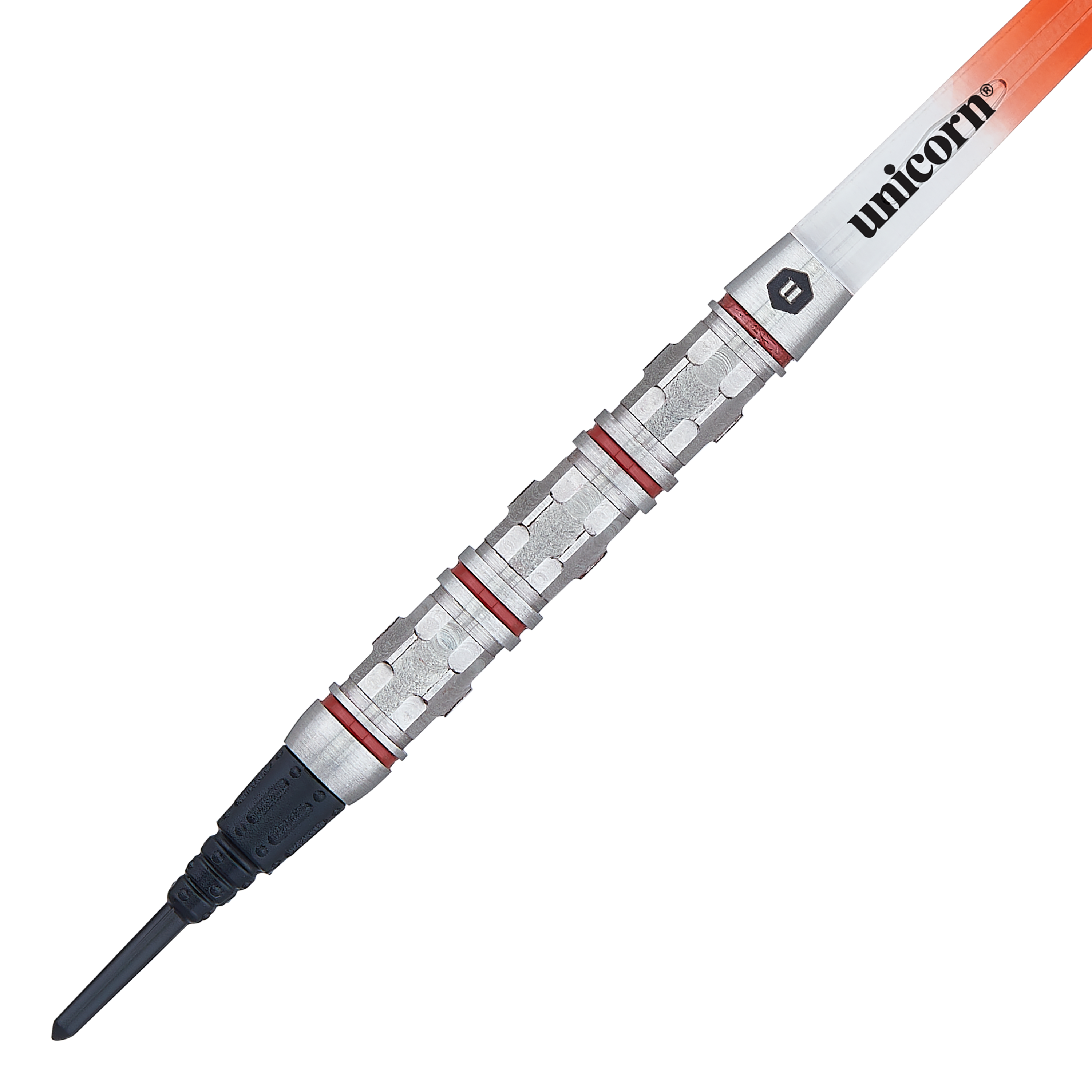 Unicorn Ballista Style 4 zachte darts Das Bild zeigt einen Softdart der Marke Unicorn Ballista Style 4. Der Dart hat einen silbernen Barrel mit roten Ringen und einer schwarzen Spitze.