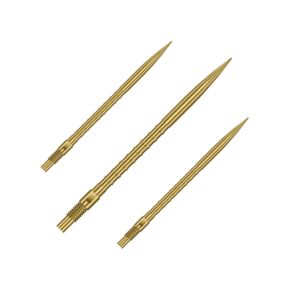 Harrows Quick Point Heavy Metal Dartpunten - Goud Das Bild zeigt Harrows Quick Point Heavy Metal Grip Dartspitzen in Gold mit einer Länge von 40mm. Es handelt sich um ein Set von Dartspitzen.
