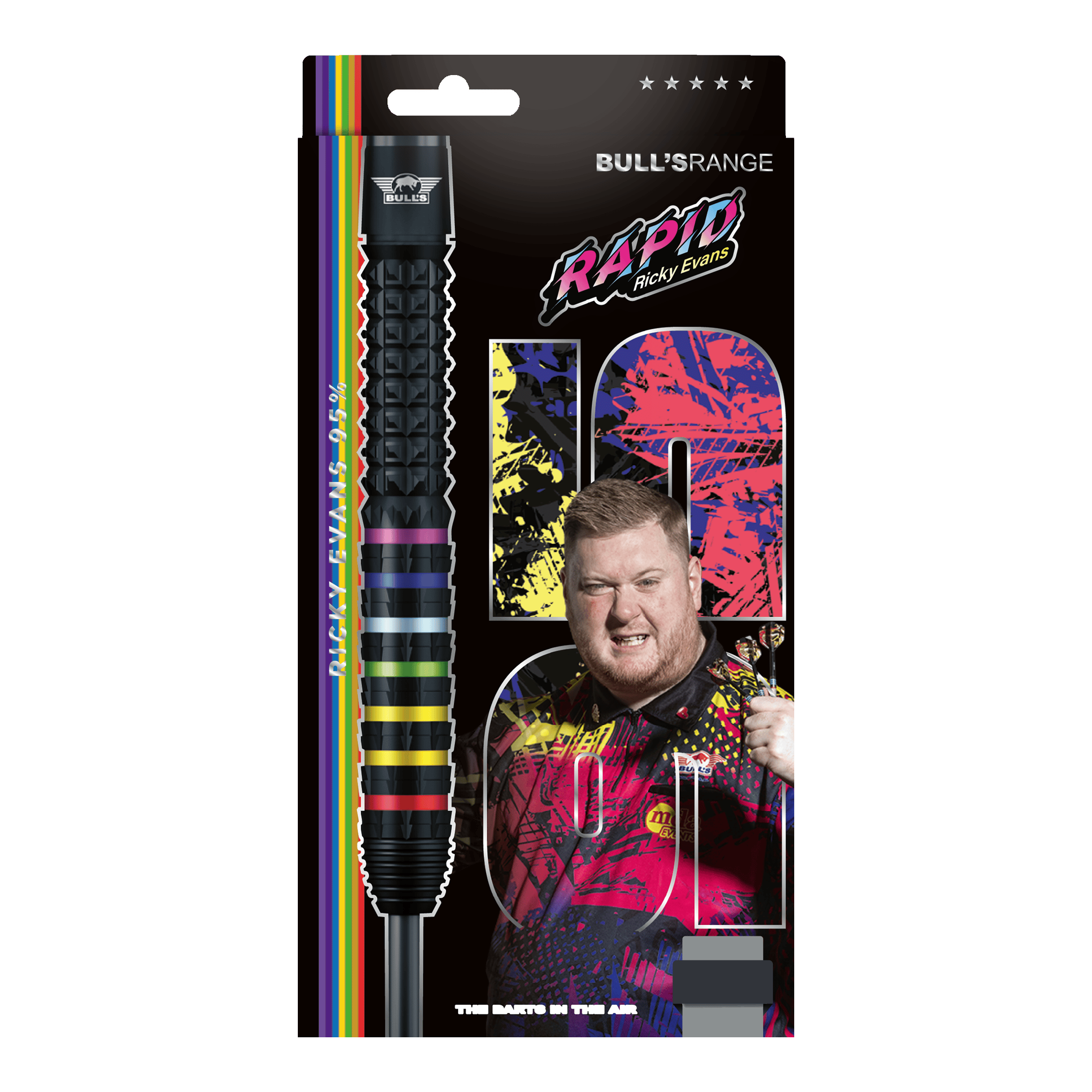 Bulls NL Ricky Evans Rapid 95 stalen dartpijlen Das Foto zeigt die Bulls NL Ricky Evans Rapid 95 Steeldarts in der 23g-Ausführung. Die Darts werden aus einer anderen Perspektive dargestellt.