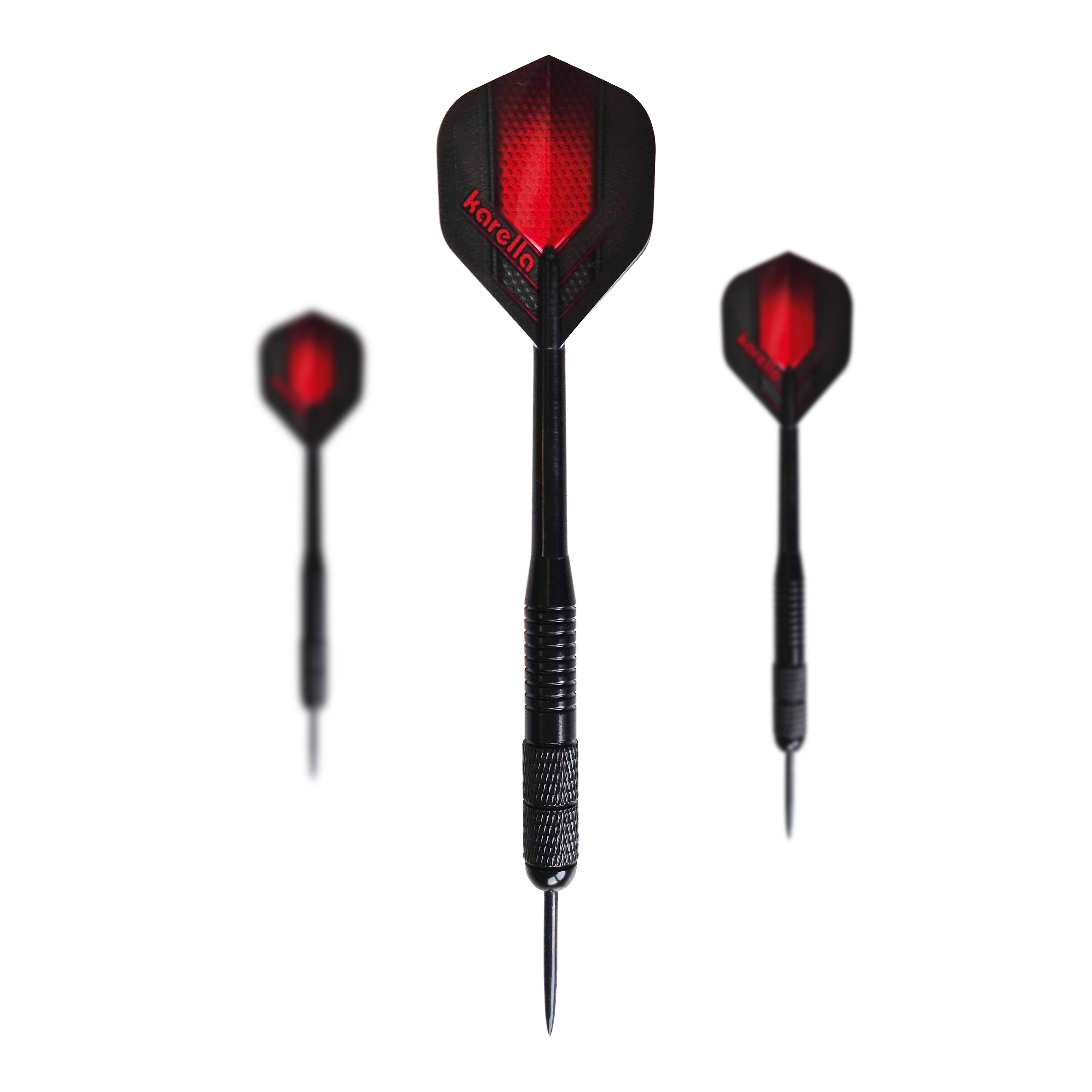 Karella zwarte messing stalen dartpijlen - 21 g Das Bild zeigt die Karella Black Brass Steeldarts mit einem Gewicht von 21g. Es handelt sich um ein Set schwarzer Steeldarts.