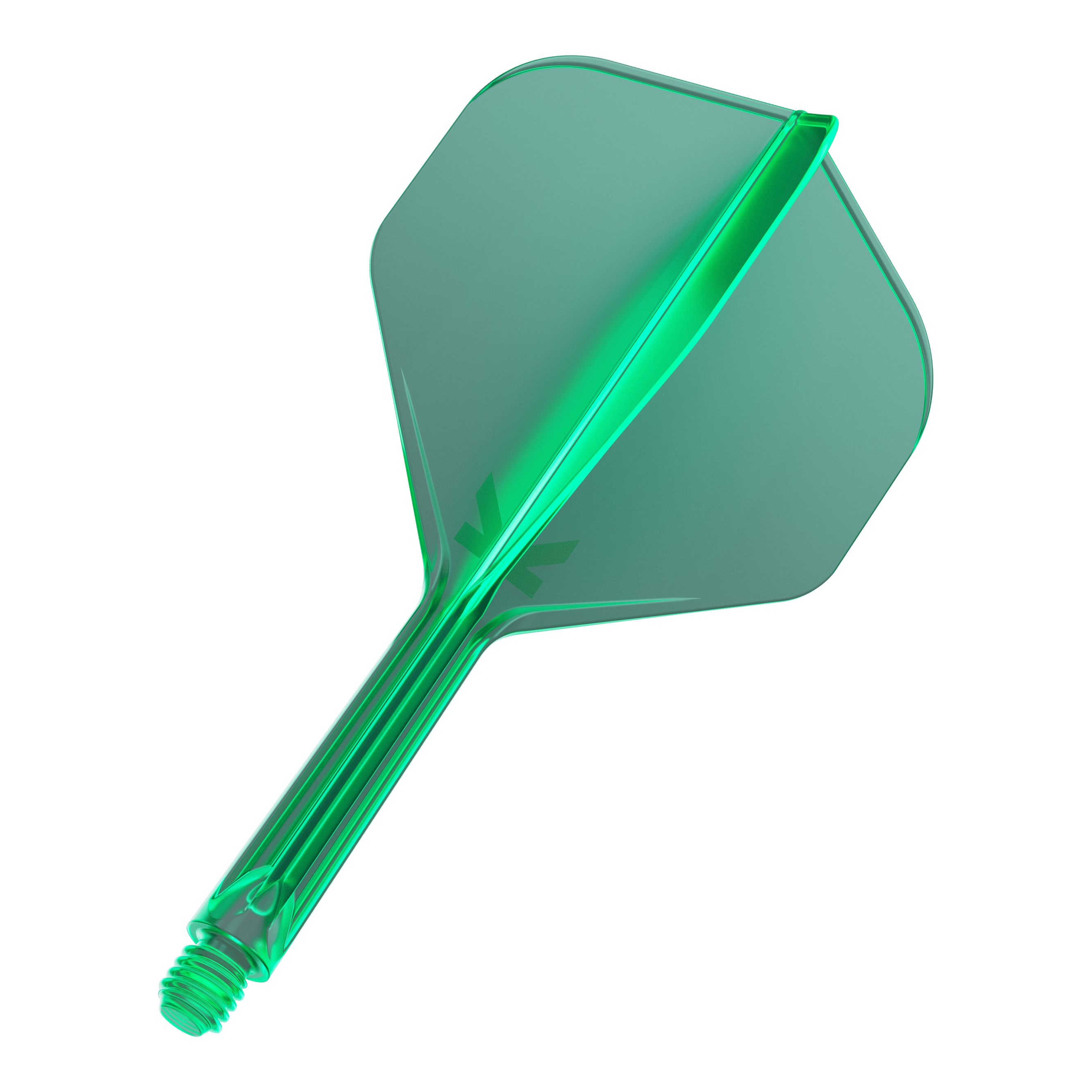 Target K-Flex No2 Standaard Vluchtsysteem - Groen Das Bild zeigt einen grünen Dartflügel mit einem integrierten Schaft. Der Flügel hat eine Standardform und besteht aus durchsichtigem Kunststoff.