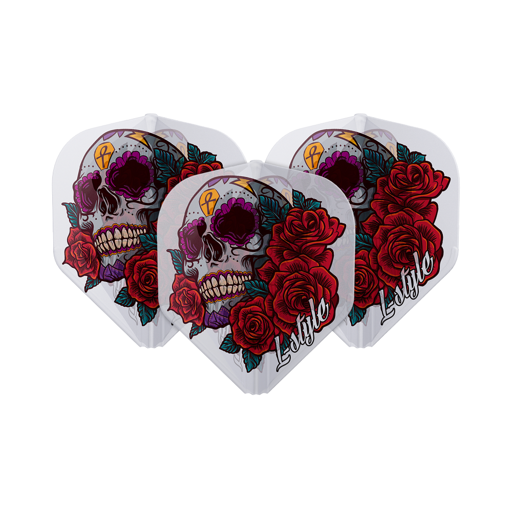 L-Style Signature Anastasia Dobromyslova V4 ClearWhite L1EZ-vluchten Das Bild zeigt drei Dart-Flights mit einem auffälligen Totenkopf- und Rosenmotiv. Auf den Flights steht der Schriftzug „L-Style“.