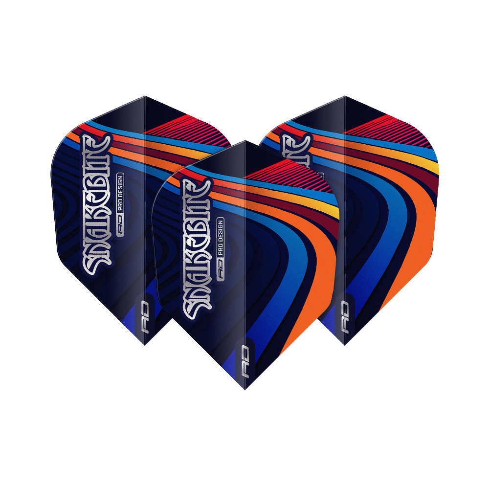 Red Dragon Peter Wright Snakebite Multi Swirl No6 Vluchten Das Bild zeigt drei bunte Dart-Flights mit dem Schriftzug "Snakebite". Die Flights haben ein auffälliges Muster in Blau, Orange, Rot und Gelb.