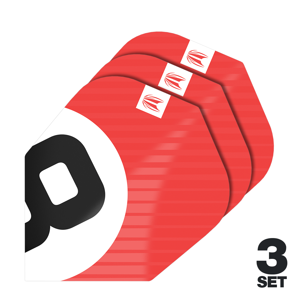 Target Pro Ultra Chicane Rood No6 Flights - 3 sets Das Bild zeigt drei Sätze der Target Pro Ultra Chicane Red No6 Flights. Die Flights sind überwiegend rot mit einem schwarzen und weißen Design sowie einem kleinen Logo in der Ecke.