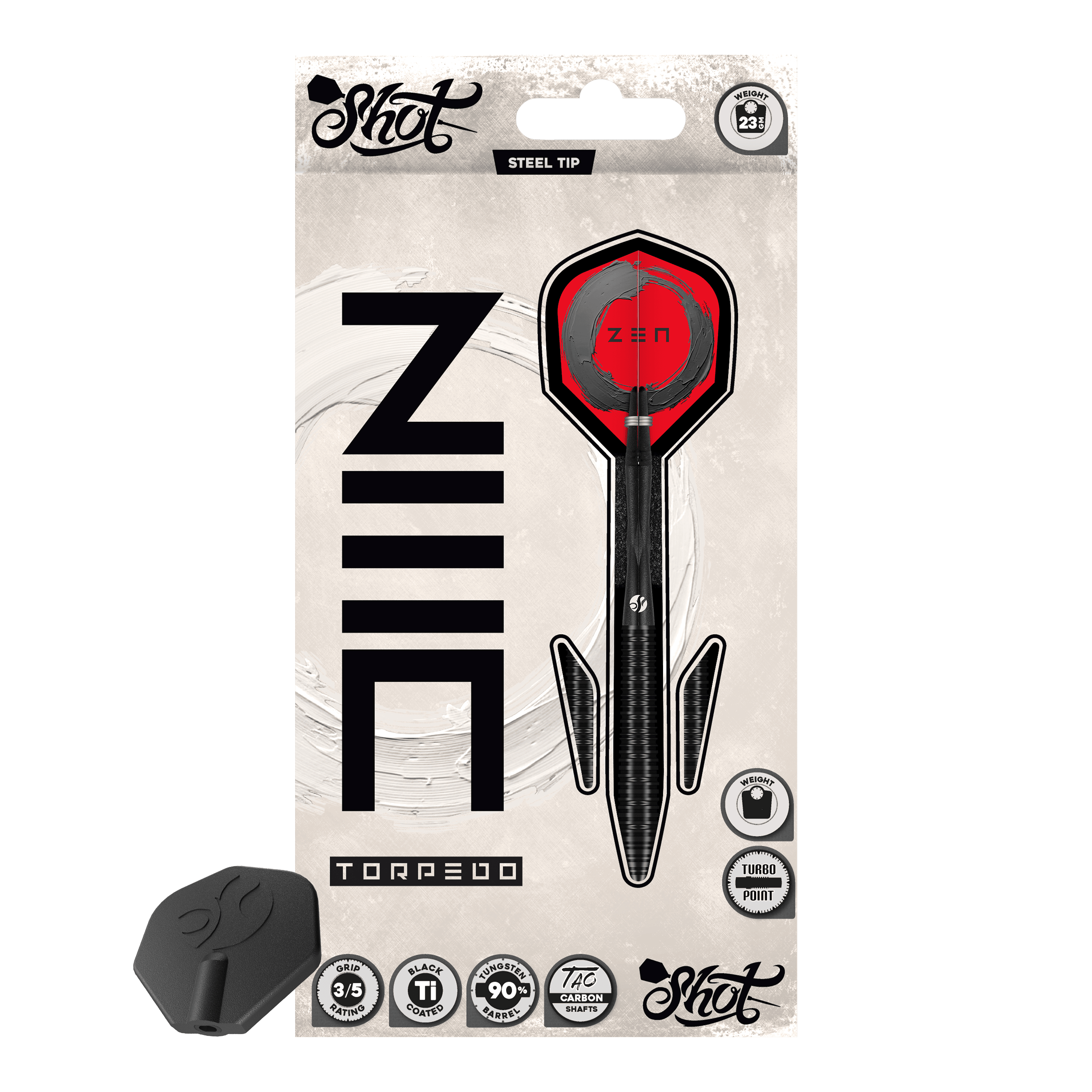 Shot ZEN Torpedo Turbo Point stalen dartpijlen - 23 g Die Shot ZEN Torpedo Turbo Point Steeldarts mit 23g werden aus einer anderen Perspektive gezeigt. Die Oberfläche und die Details der Darts sind gut zu erkennen.