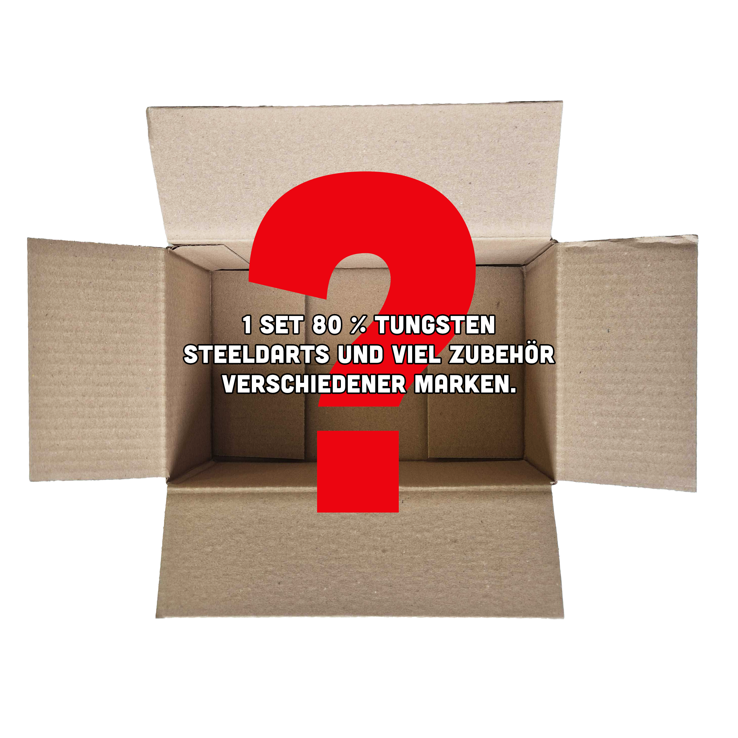 McDart Mystery Box - Zachte darts Das Bild zeigt einen offenen, leeren Karton mit einem großen roten Fragezeichen darauf. Auf dem Karton steht der Text: "1 Set 80 % Tungsten Steeldarts und viel Zubehör verschiedener Marken."