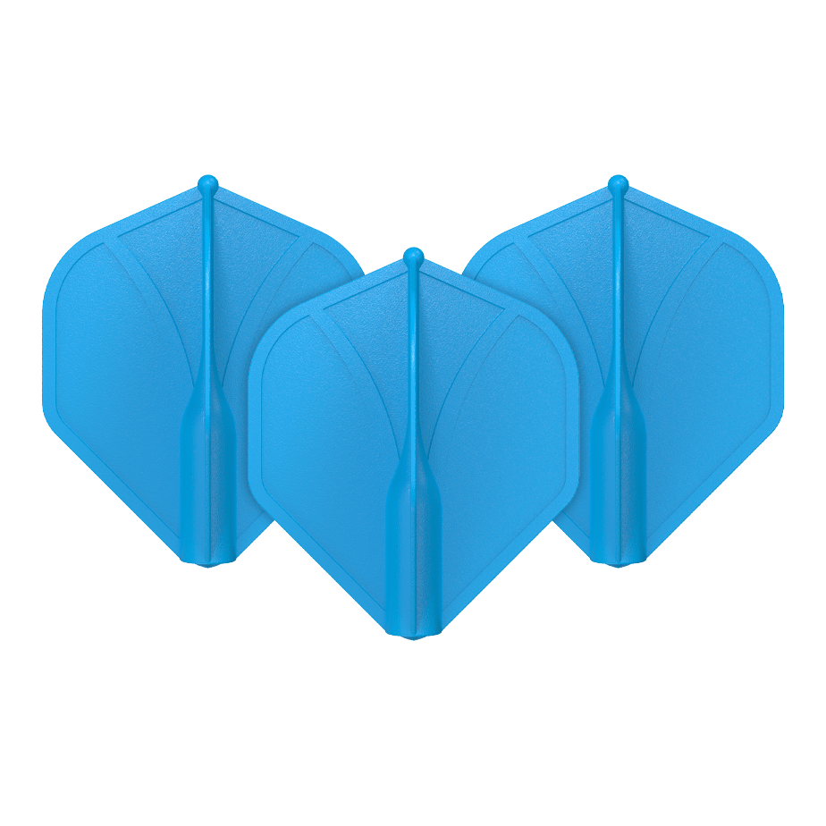 Shot Airfoil Molded No2 Standaard Vluchten Auf dem Bild sind drei blaue Dart-Flights zu sehen. Sie haben eine geformte, stabile Struktur und sind nebeneinander angeordnet.