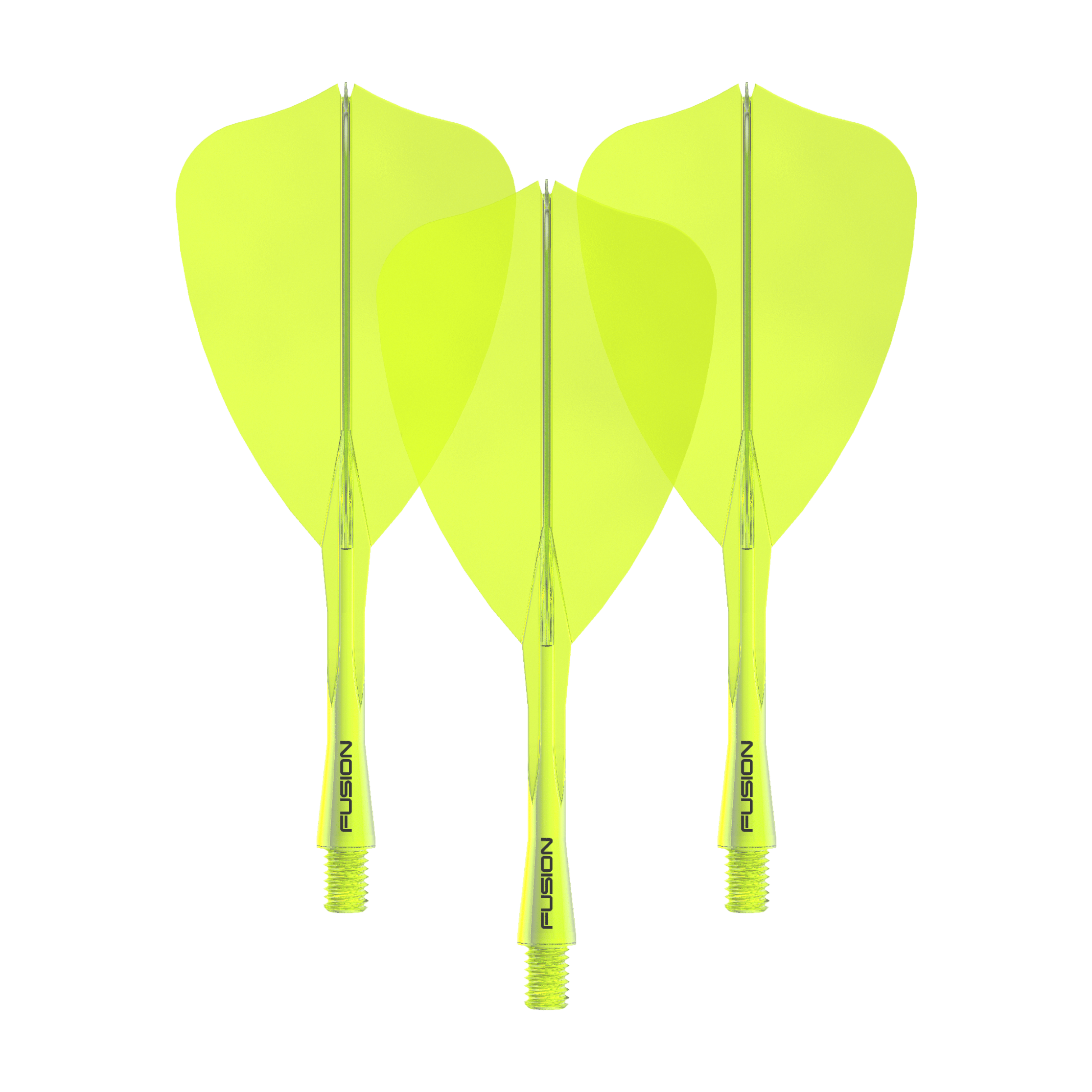 Winmau Fusion Flight Shaft System Arrow Neon Yellow Dieses Bild zeigt das Winmau Fusion Flight Shaft System Arrow Set in Neongelb mit einer Länge von 28 mm. Zu sehen ist vermutlich ein komplettes Dartset.