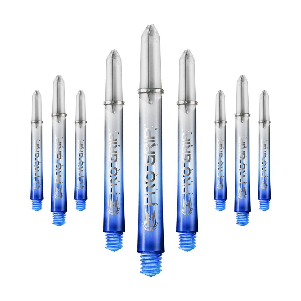 Target Pro Grip Vision Shafts - 3 sets - Blauw Das Bild zeigt neun transparente Dartschäfte mit blauem unteren Ende. Auf den Schäften steht "Pro Grip" geschrieben.