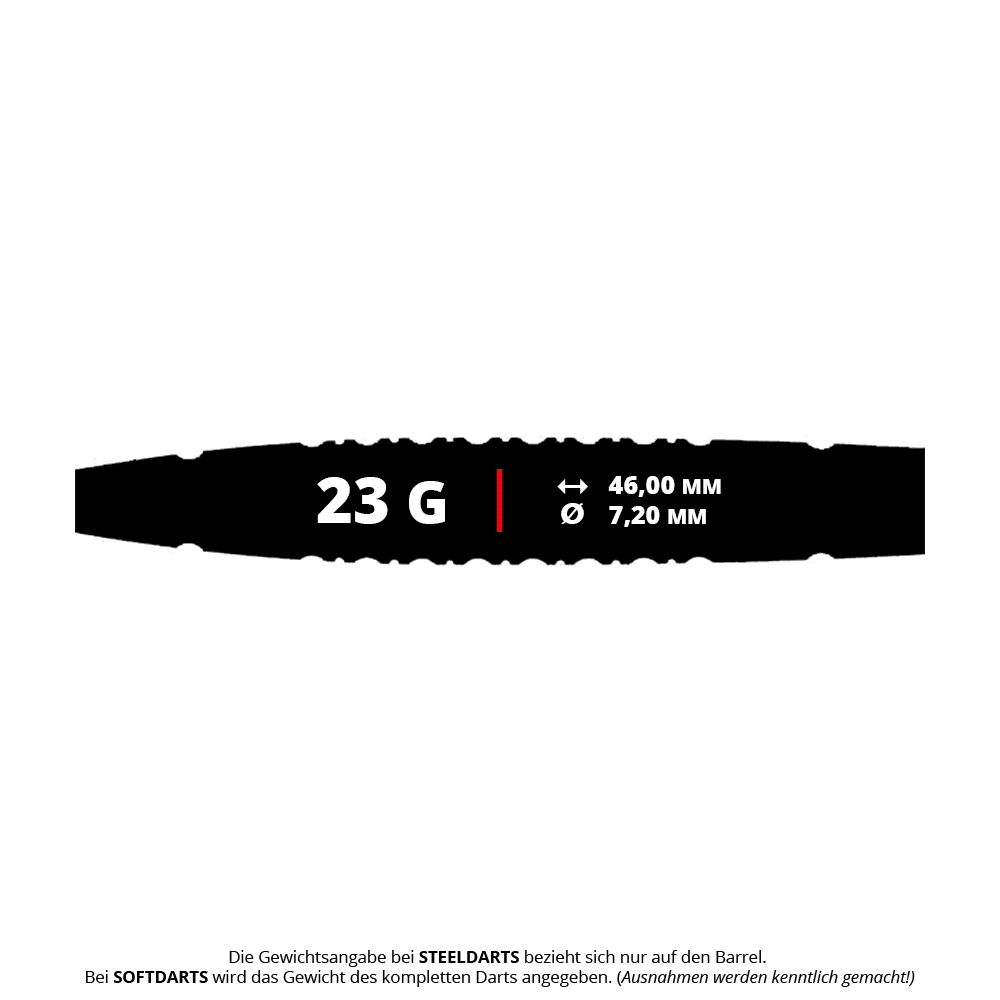 Caliburn Sword S3 stalen darts - 23g Das Bild zeigt die Produkteigenschaften der Caliburn Sword S3 Steeldarts mit einem Gewicht von 23 Gramm. Die Länge beträgt 46,00 mm und der Durchmesser 7,20 mm.