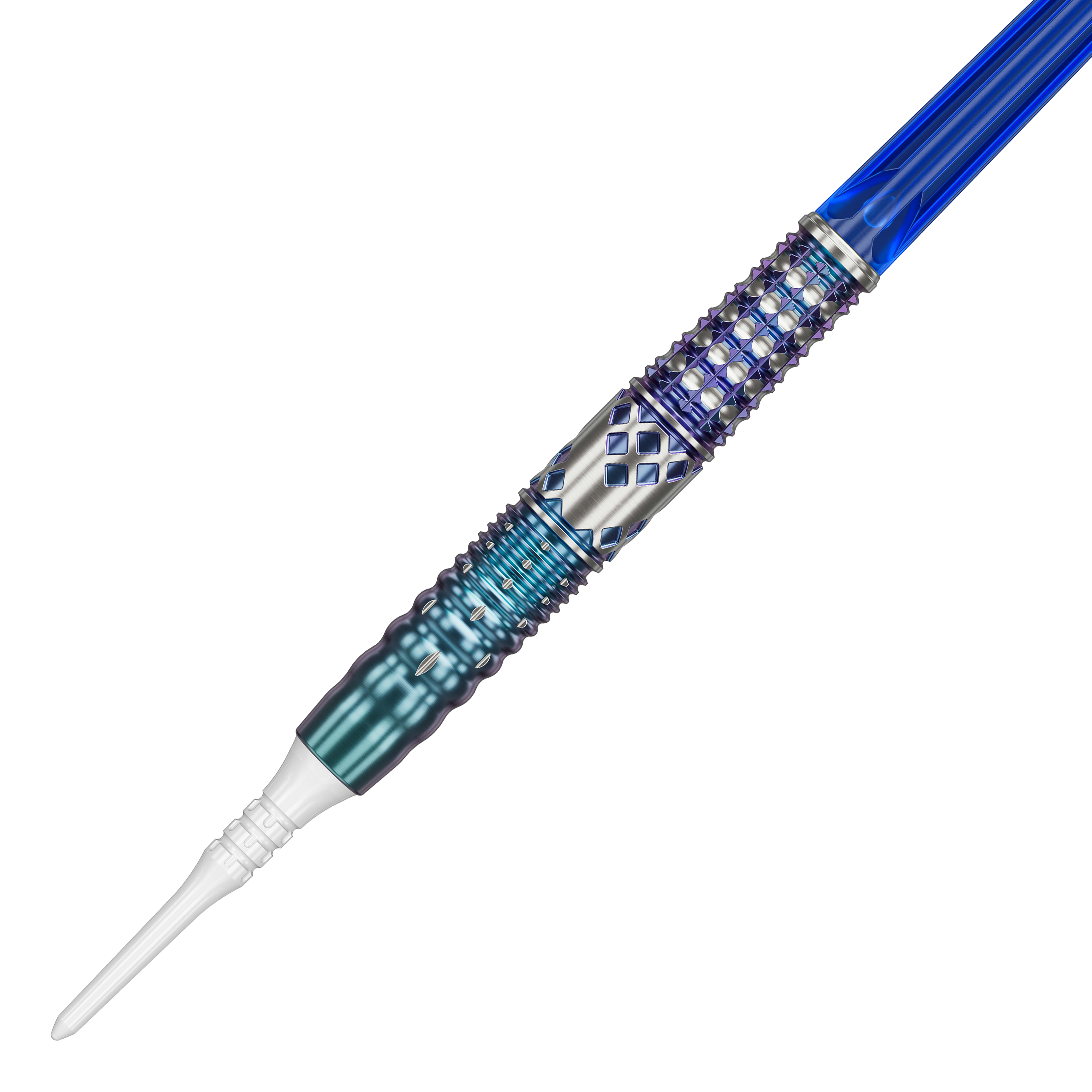 Target Japan Cathy Leung Charis GEN5 Soft Darts - 19g Dies ist ein Softdart namens "Target Japan Cathy Leung Charis GEN5 Softdarts - 19g". Er hat ein auffälliges Design mit blauen und silbernen Akzenten sowie strukturierter Oberfläche.