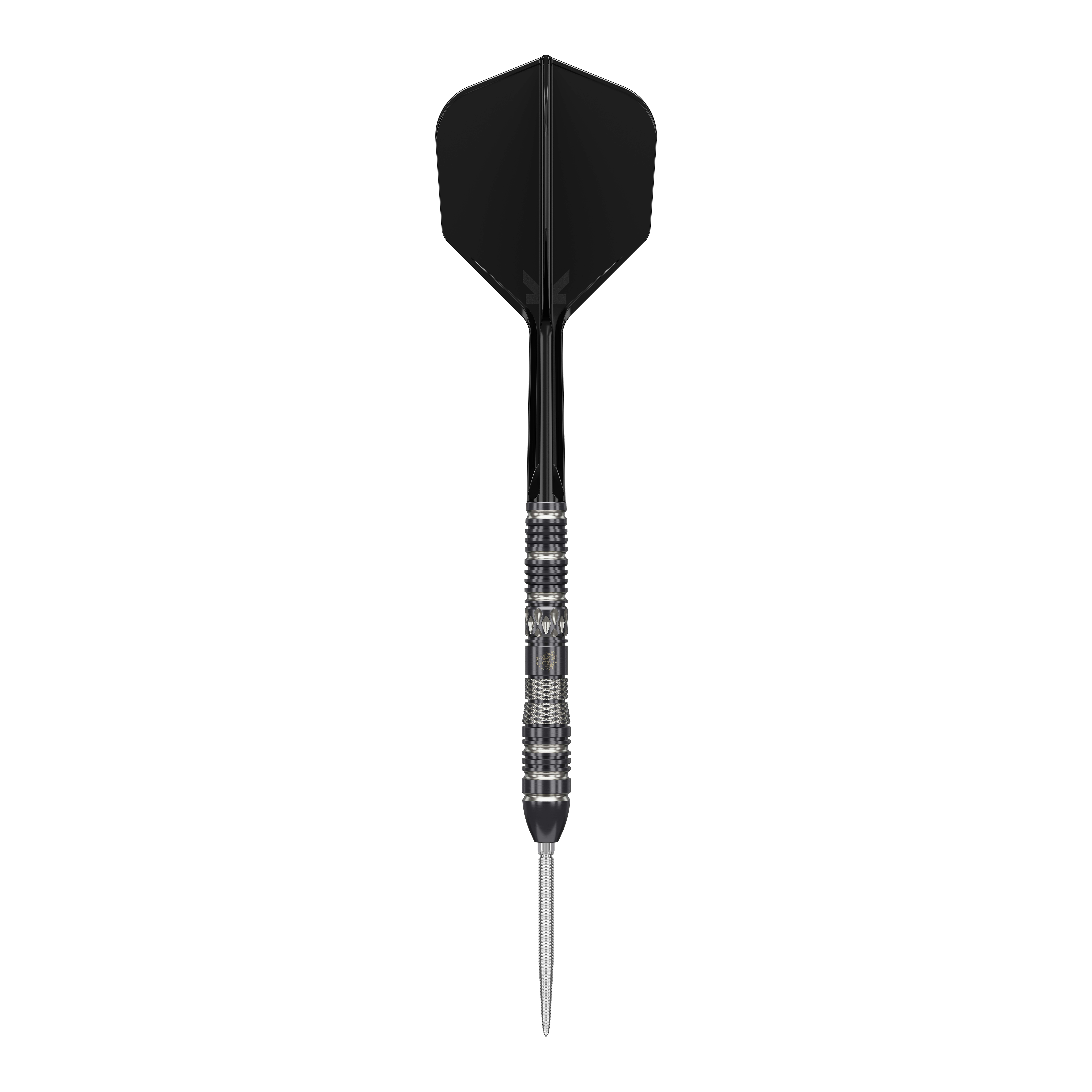 Target Black Marque Dragon 3 Swiss Point Steeldarts Das Bild zeigt einen Target Black Marque Dragon 3 Swiss Point Steeldart. Der Dartpfeil hat ein schwarzes Flight und einen silber-schwarzen, metallischen Griffbereich.